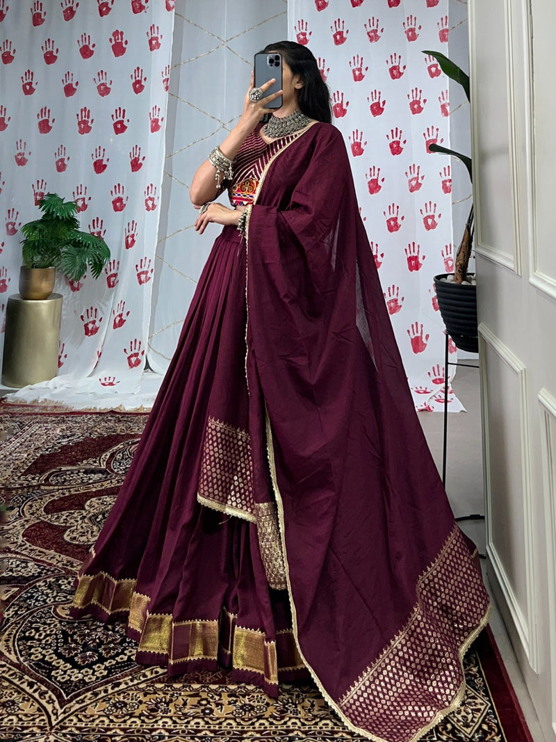 Womenline Wine Color Pure Chanderi Navratri Lehenga Choli