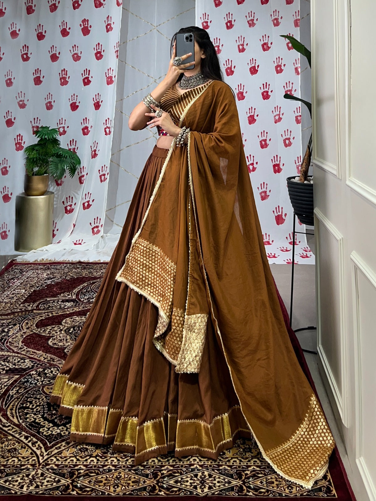 Womenline Brown Color Pure Chanderi Navratri Lehenga Choli