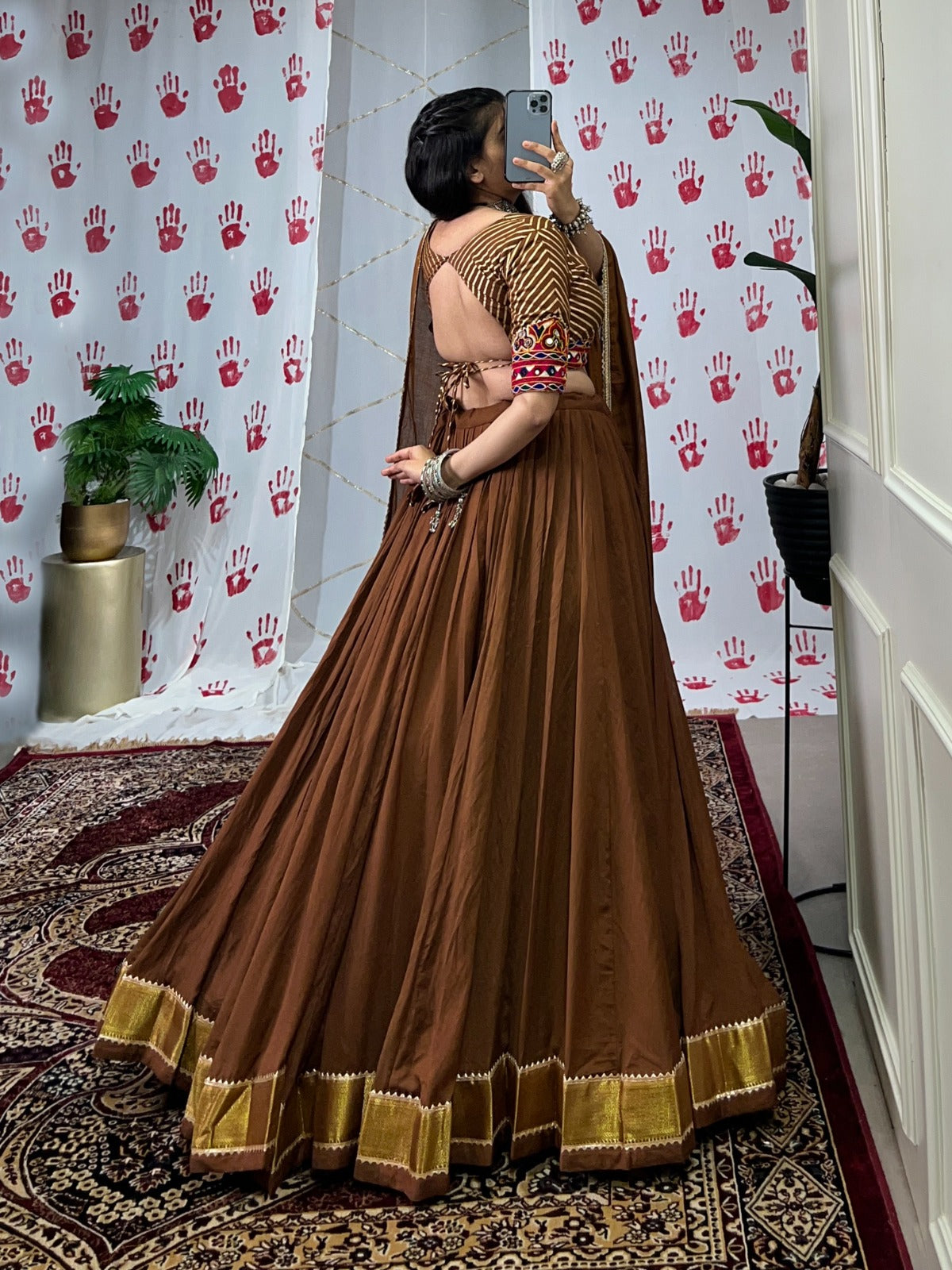 Womenline Brown Color Pure Chanderi Navratri Lehenga Choli
