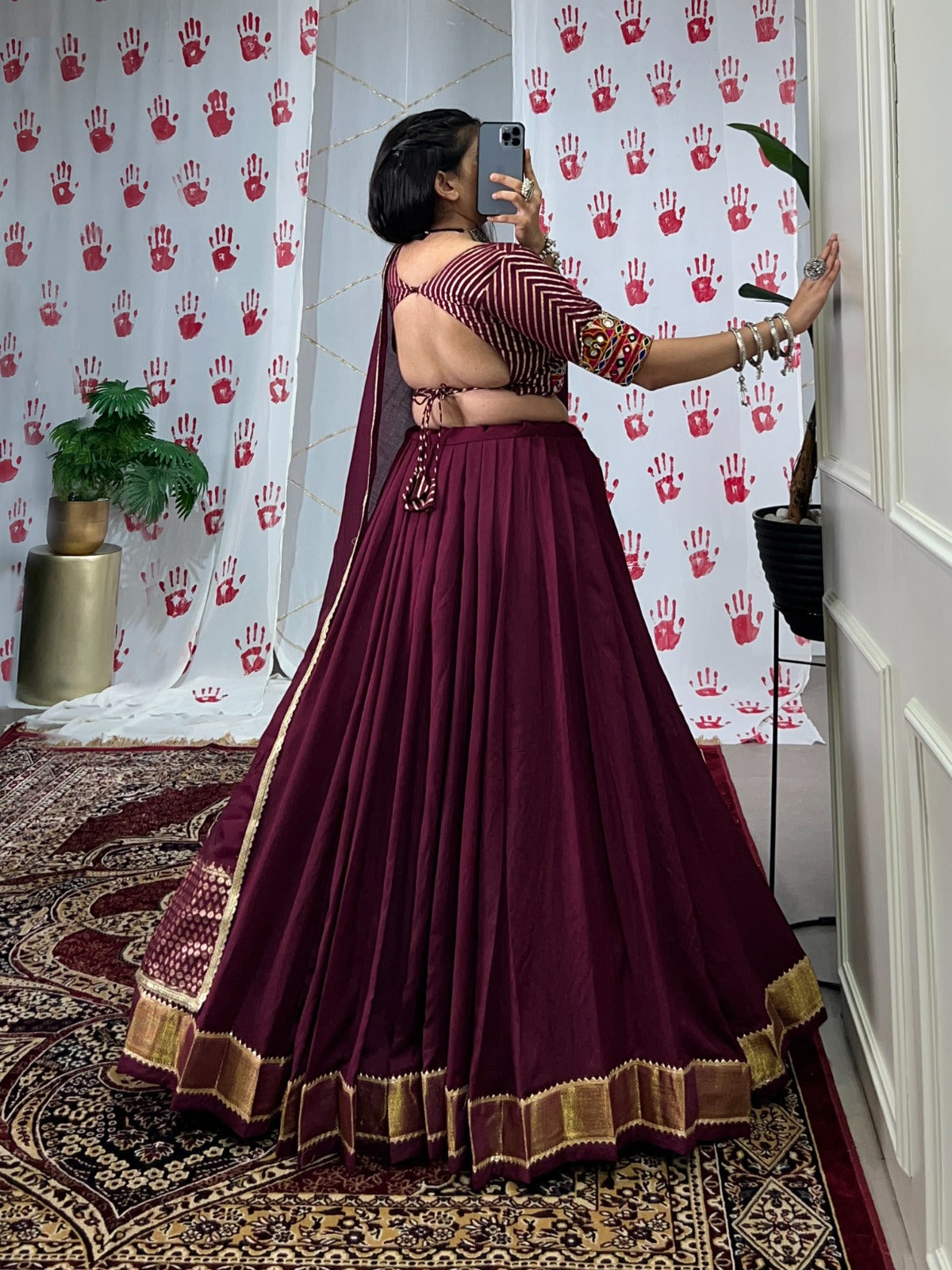 Womenline Wine Color Pure Chanderi Navratri Lehenga Choli