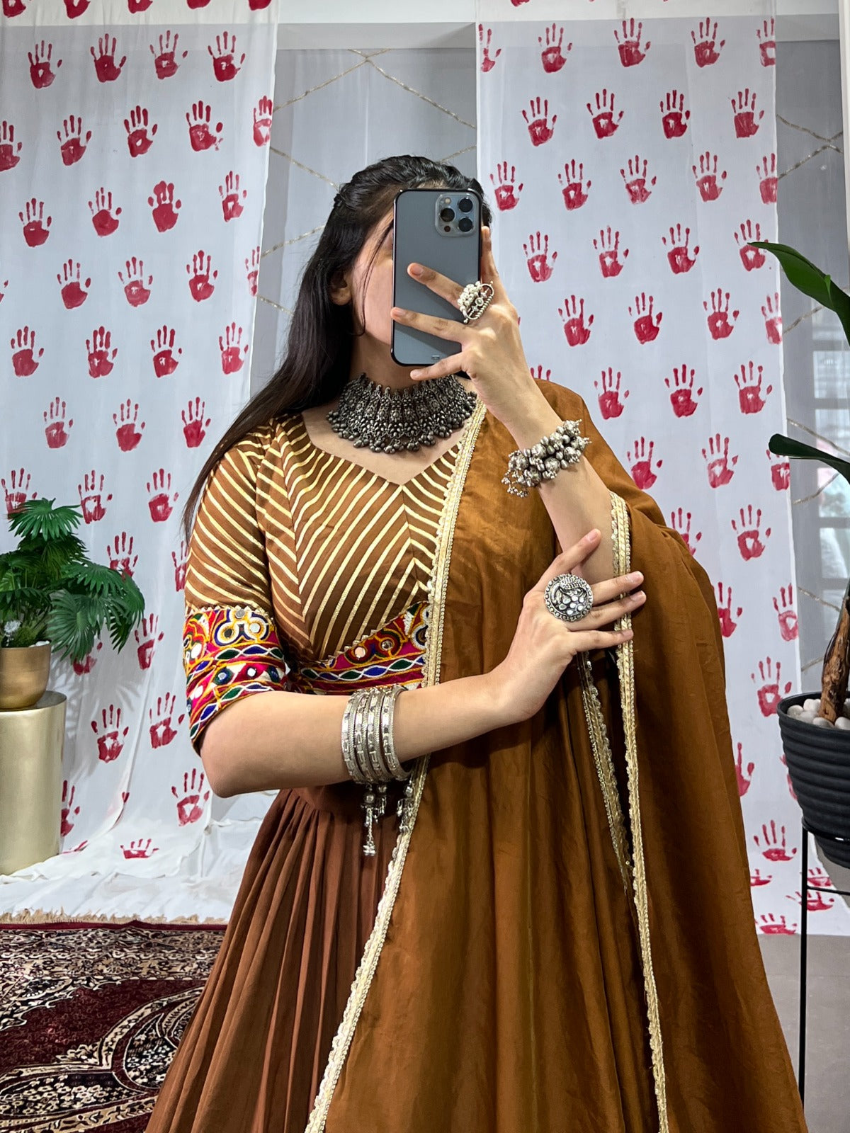 Womenline Brown Color Pure Chanderi Navratri Lehenga Choli