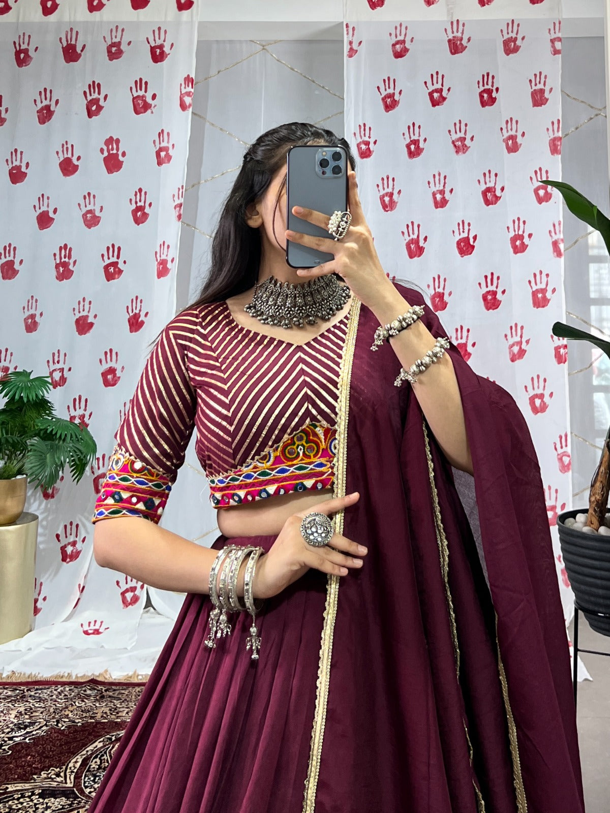Womenline Wine Color Pure Chanderi Navratri Lehenga Choli