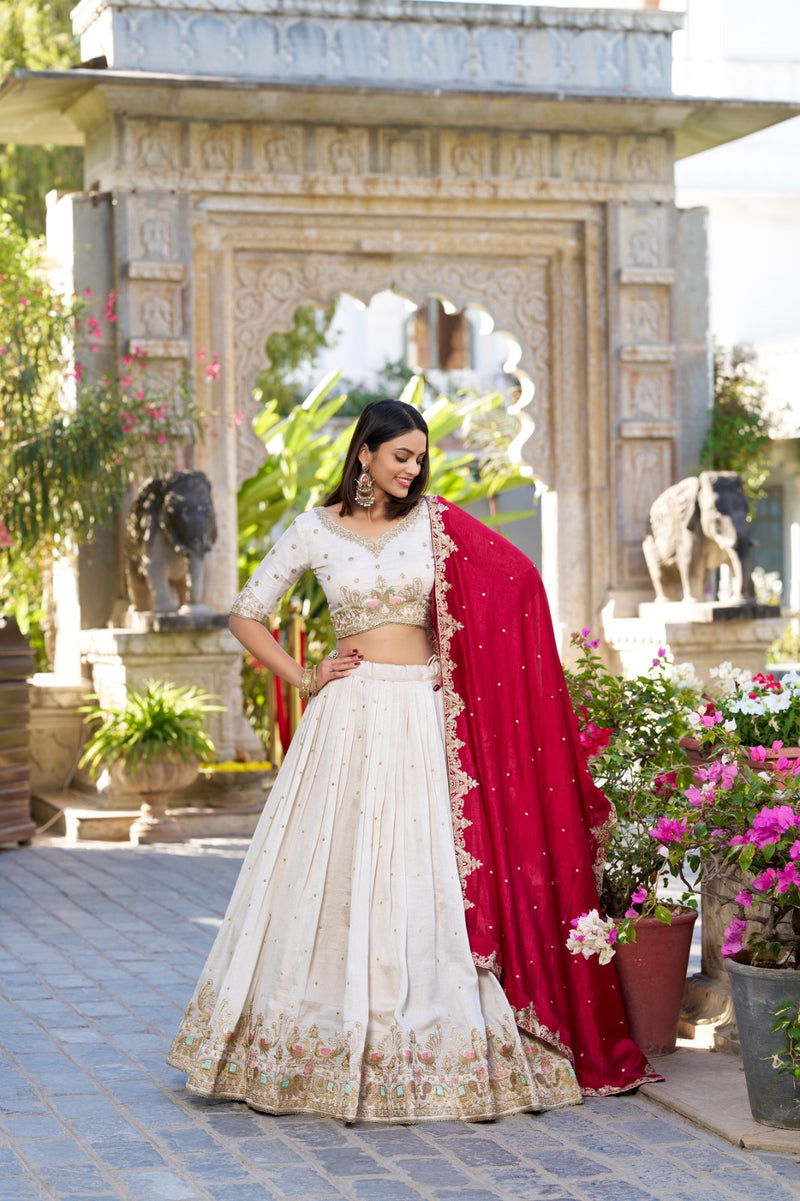 Womenline Off-White Color Vichitra Silk Thread Embroidered Lehenga Choli