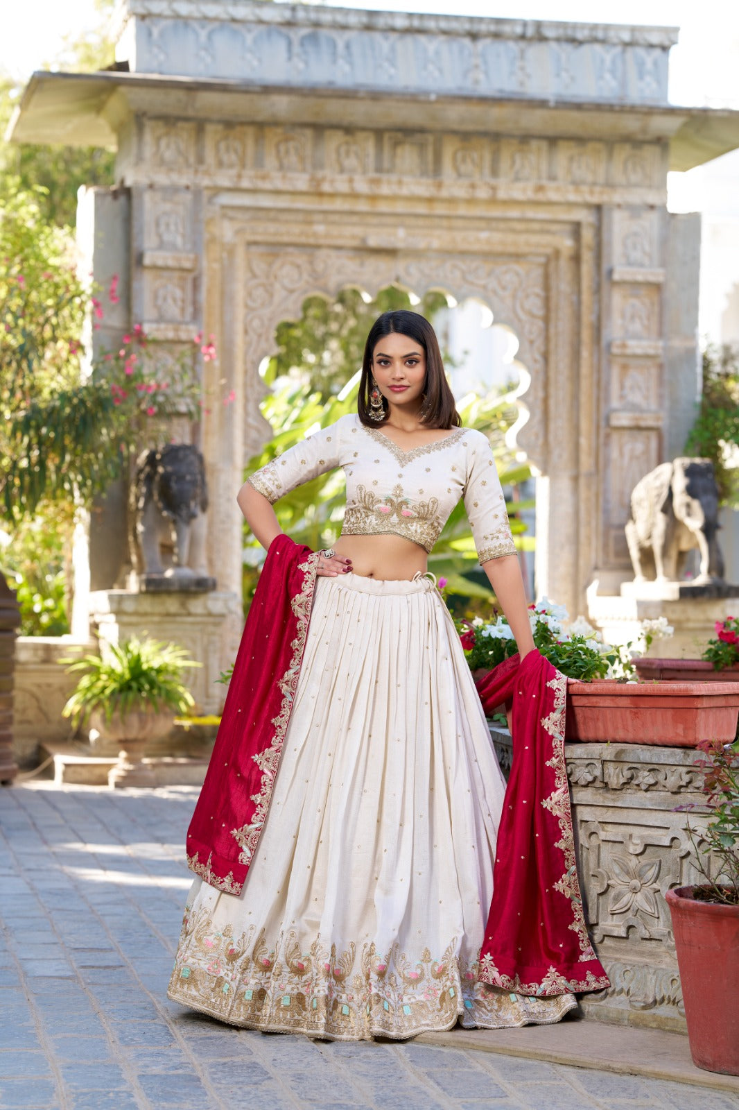 Womenline Off-White Color Vichitra Silk Thread Embroidered Lehenga Choli