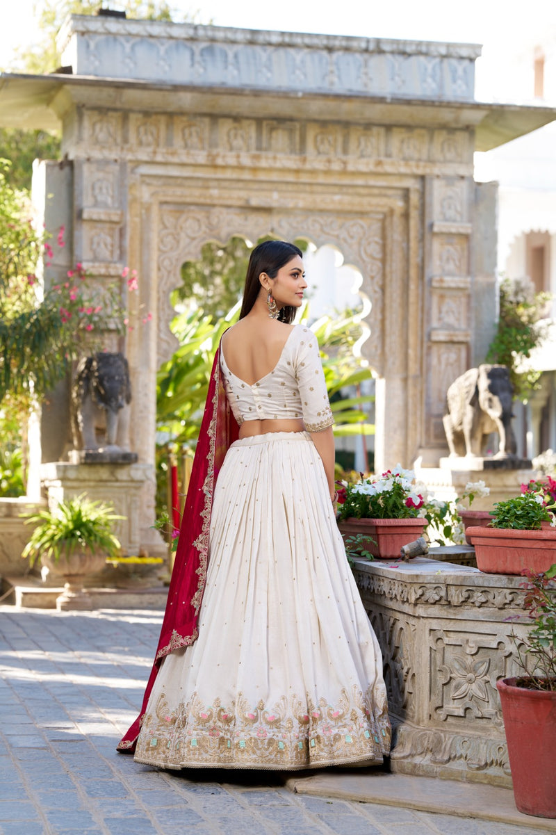Womenline Off-White Color Vichitra Silk Thread Embroidered Lehenga Choli