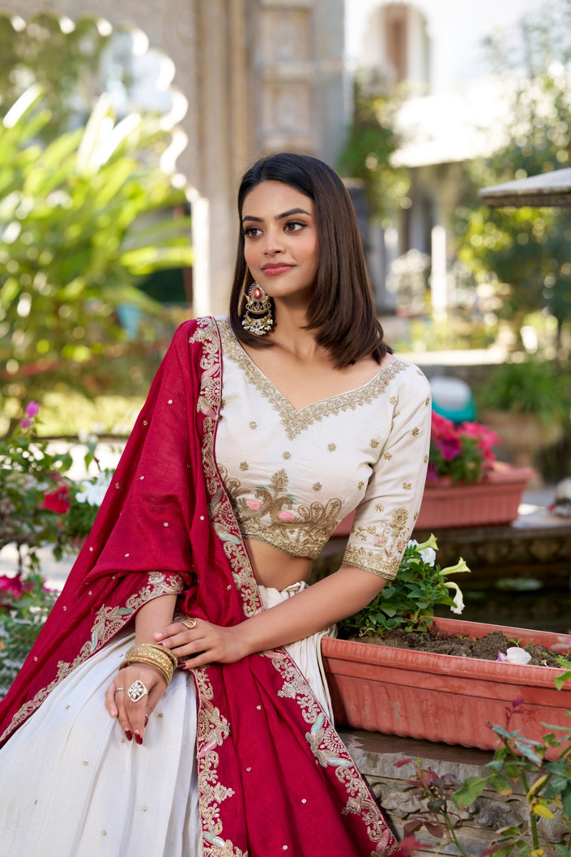 Womenline Off-White Color Vichitra Silk Thread Embroidered Lehenga Choli