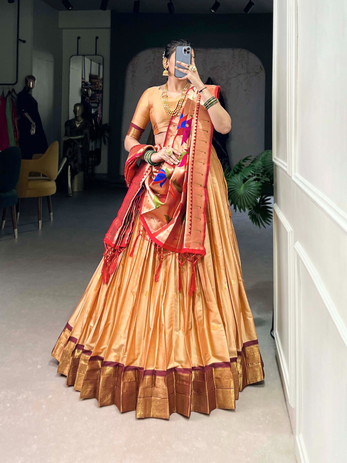 Womenline Cream Color Jacquard Silk Lehenga Choli