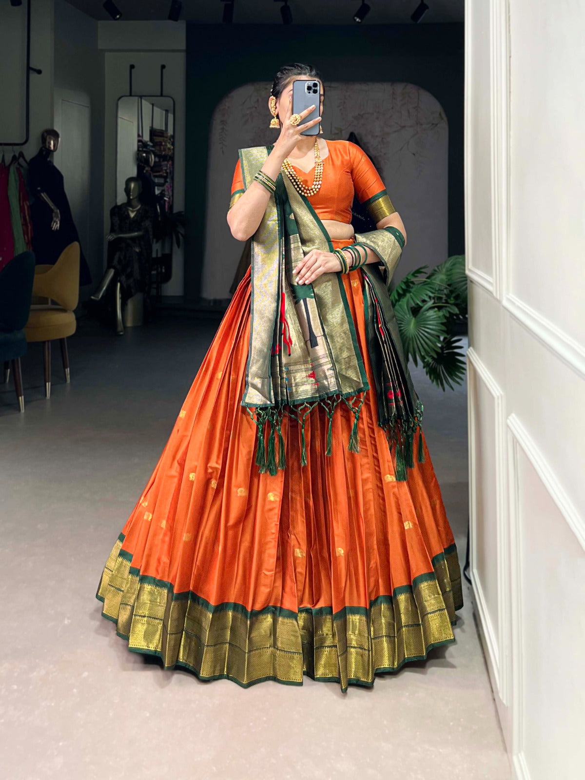Womenline Orange Color Jacquard Silk Lehenga Choli