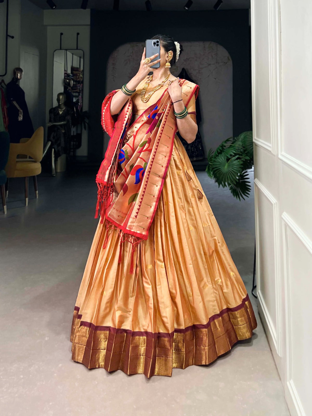 Womenline Cream Color Jacquard Silk Lehenga Choli