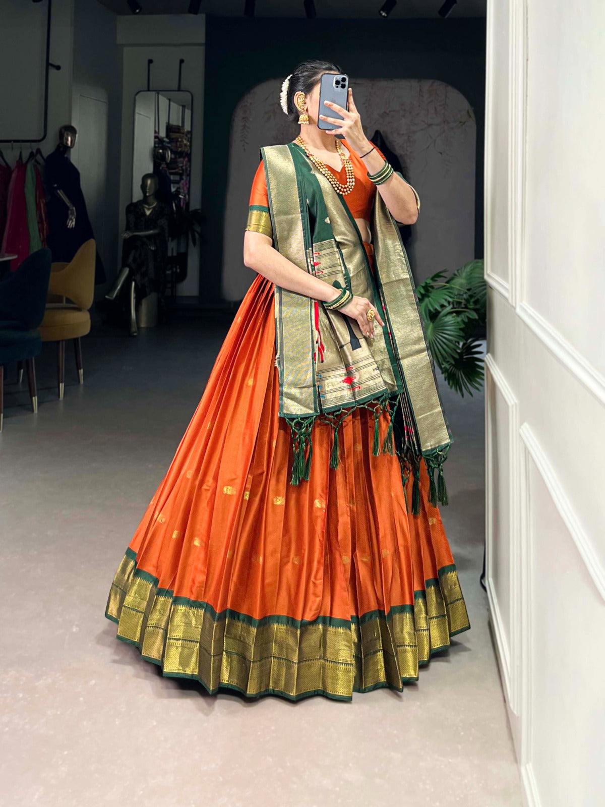 Womenline Orange Color Jacquard Silk Lehenga Choli