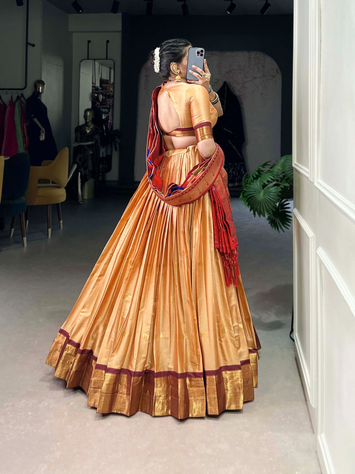 Womenline Cream Color Jacquard Silk Lehenga Choli