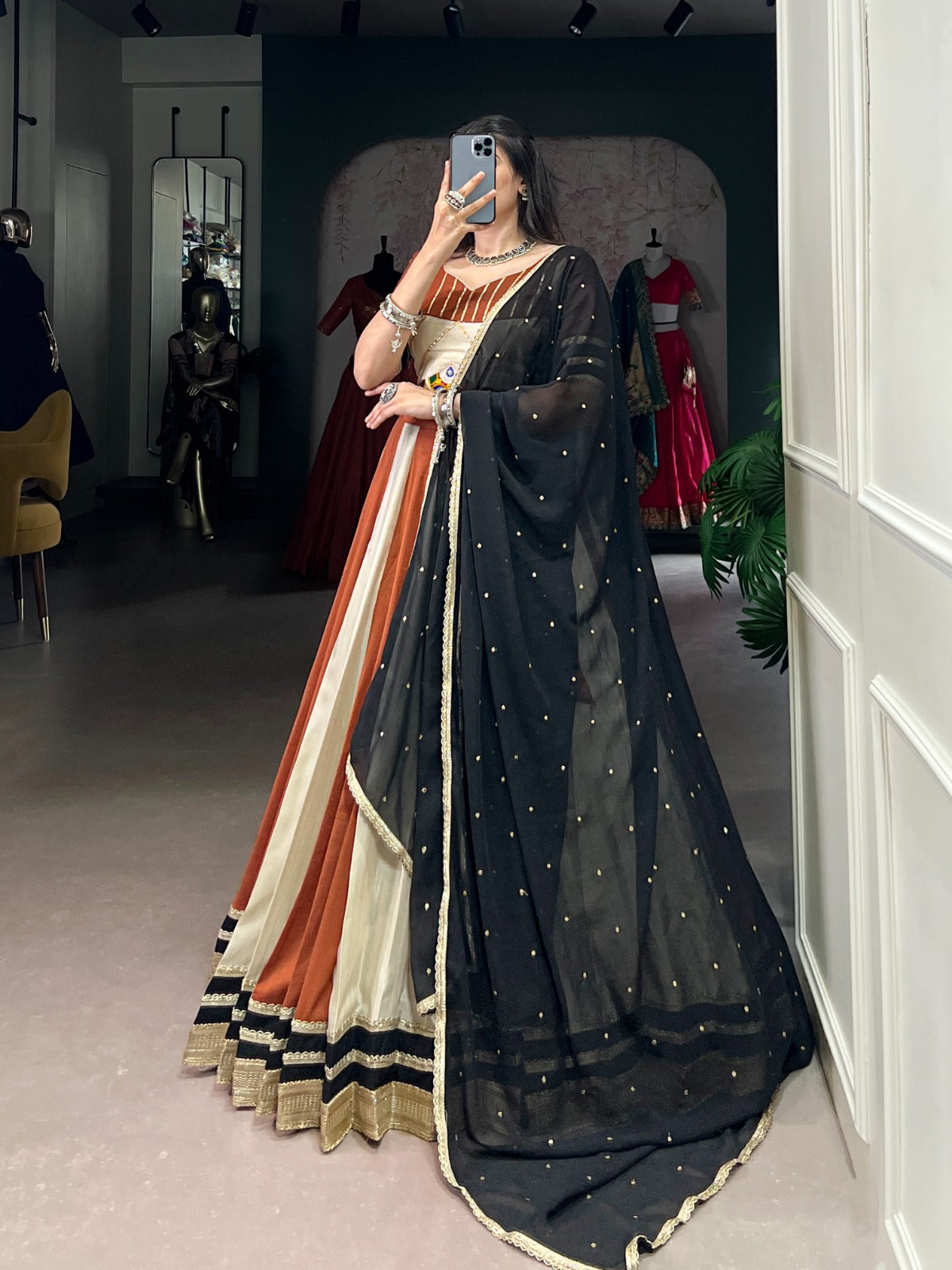 Womenline Cream Color Pure Chinon Navratri Lehenga Choli