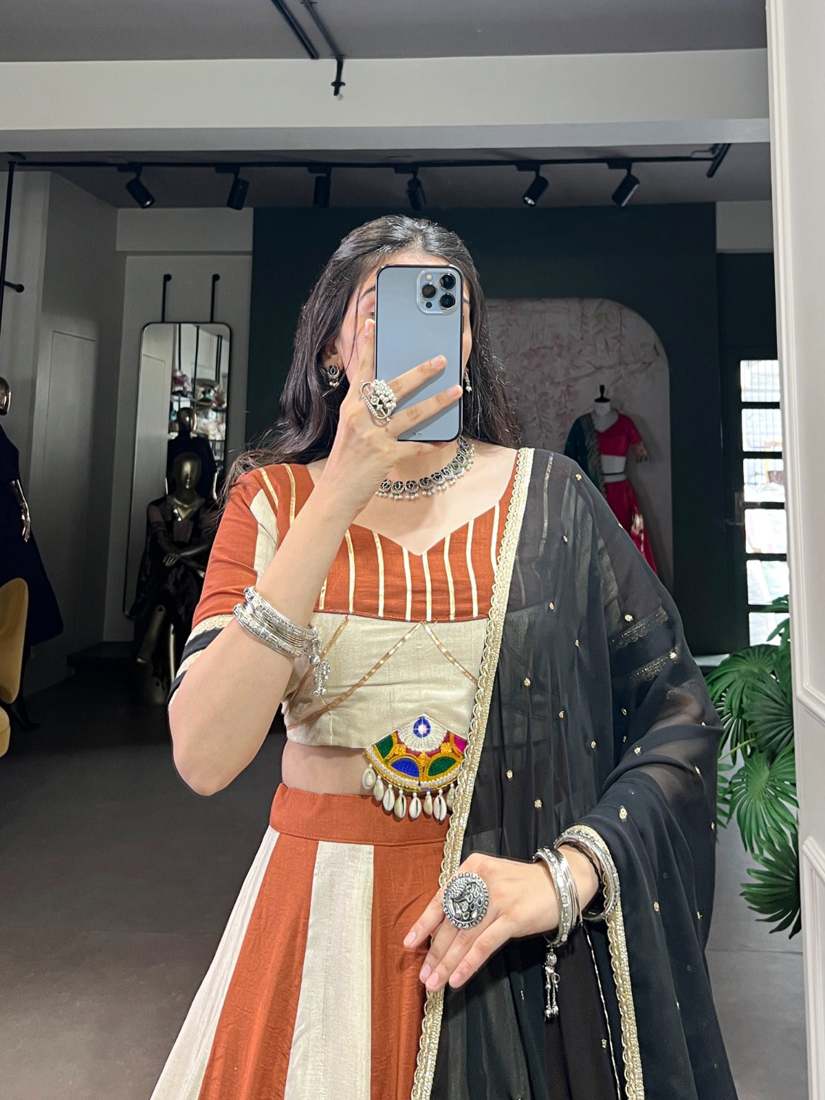 Womenline Cream Color Pure Chinon Navratri Lehenga Choli