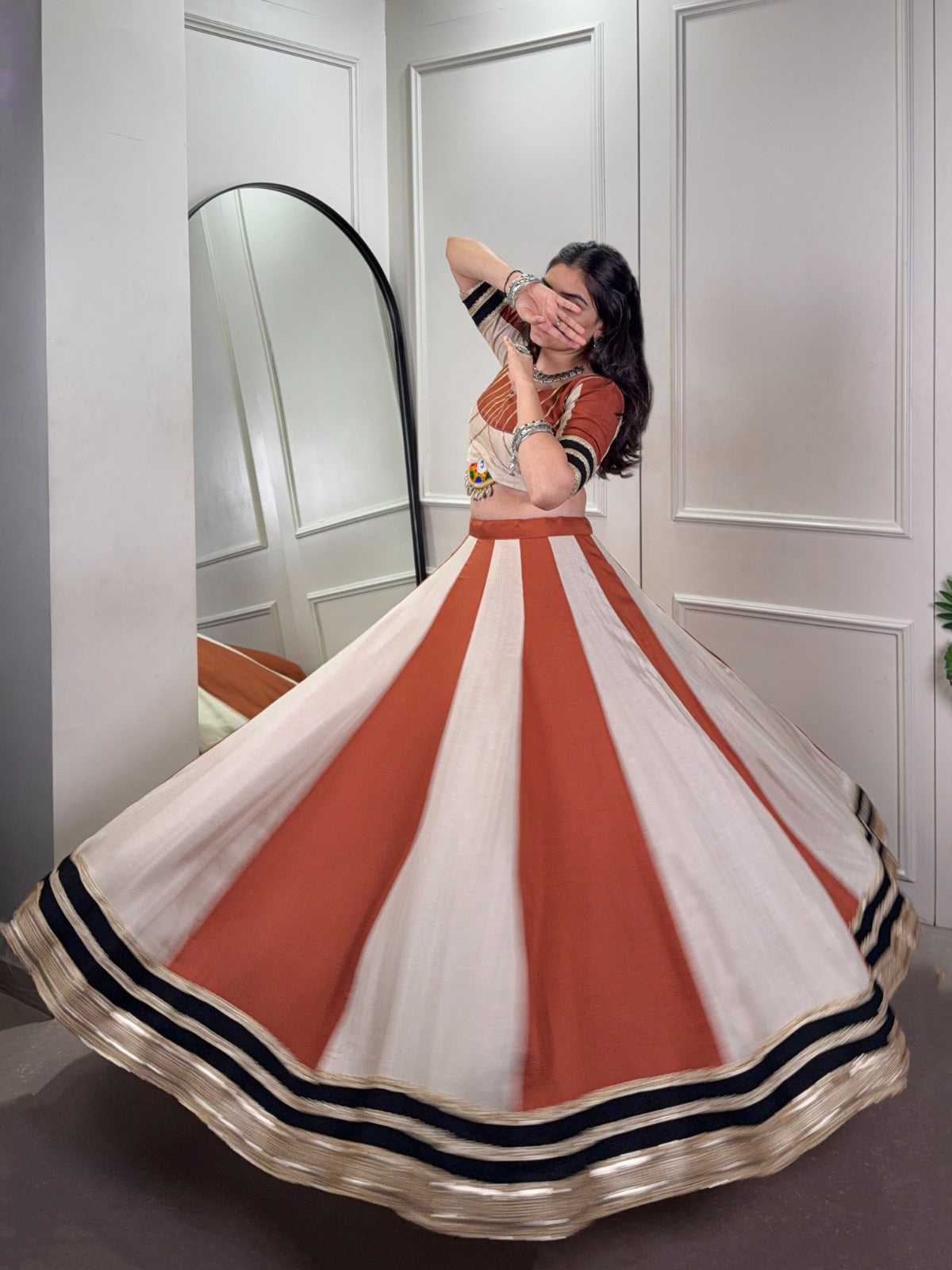 Womenline Cream Color Pure Chinon Navratri Lehenga Choli