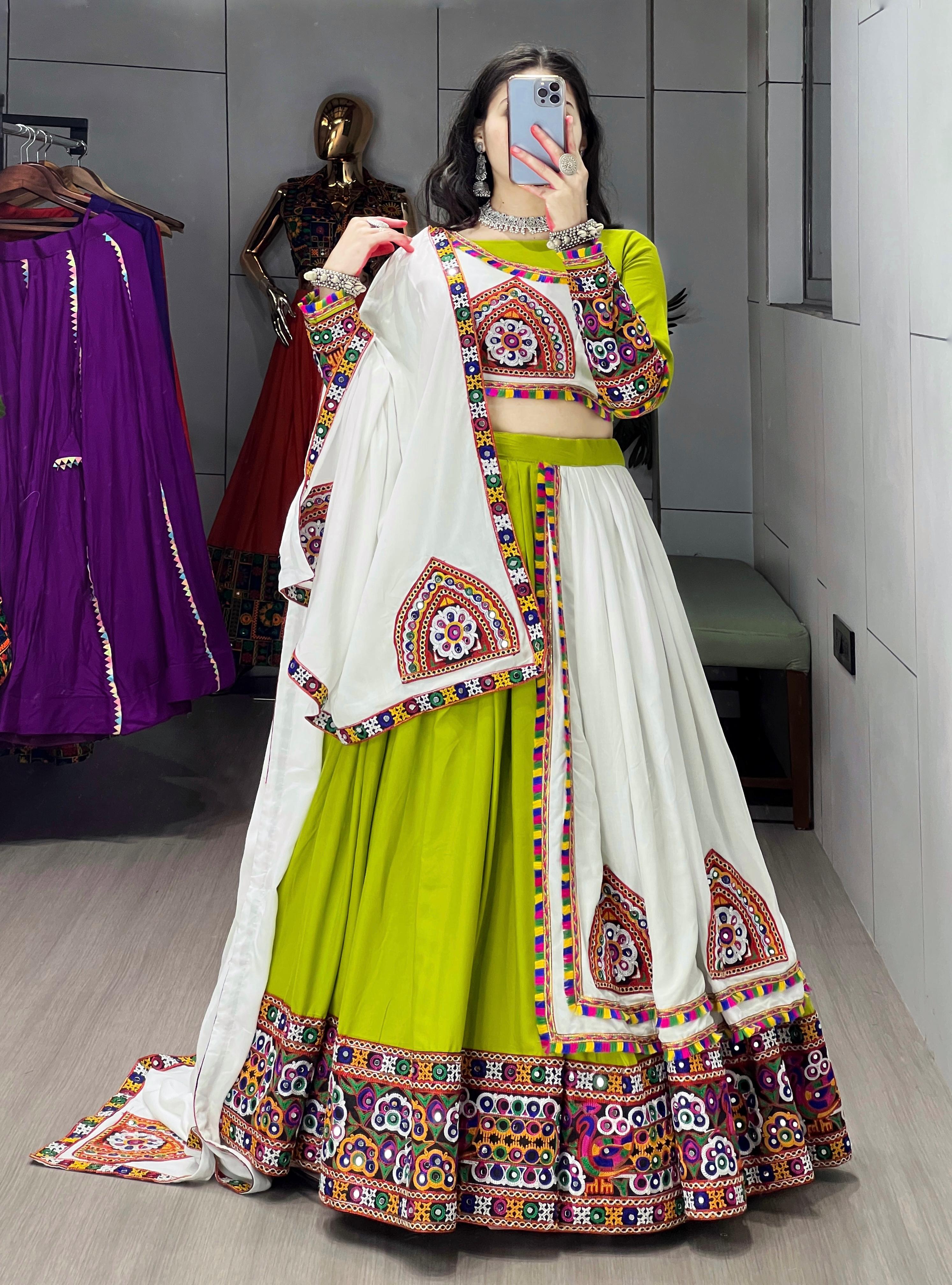 Womenline Parrot White Color Pure Rayon Cotton Navratri Lehenga Choli