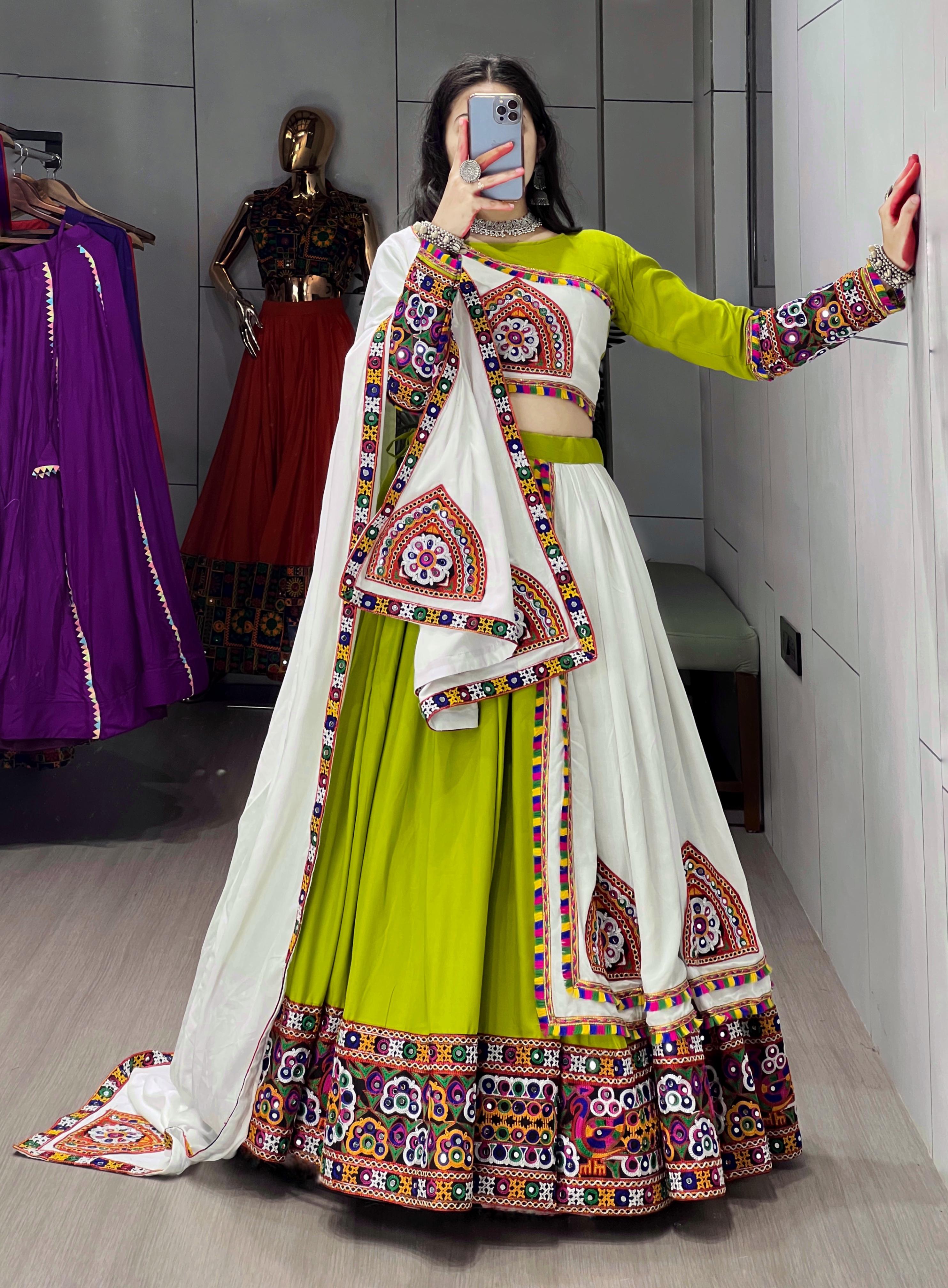 Womenline Parrot White Color Pure Rayon Cotton Navratri Lehenga Choli