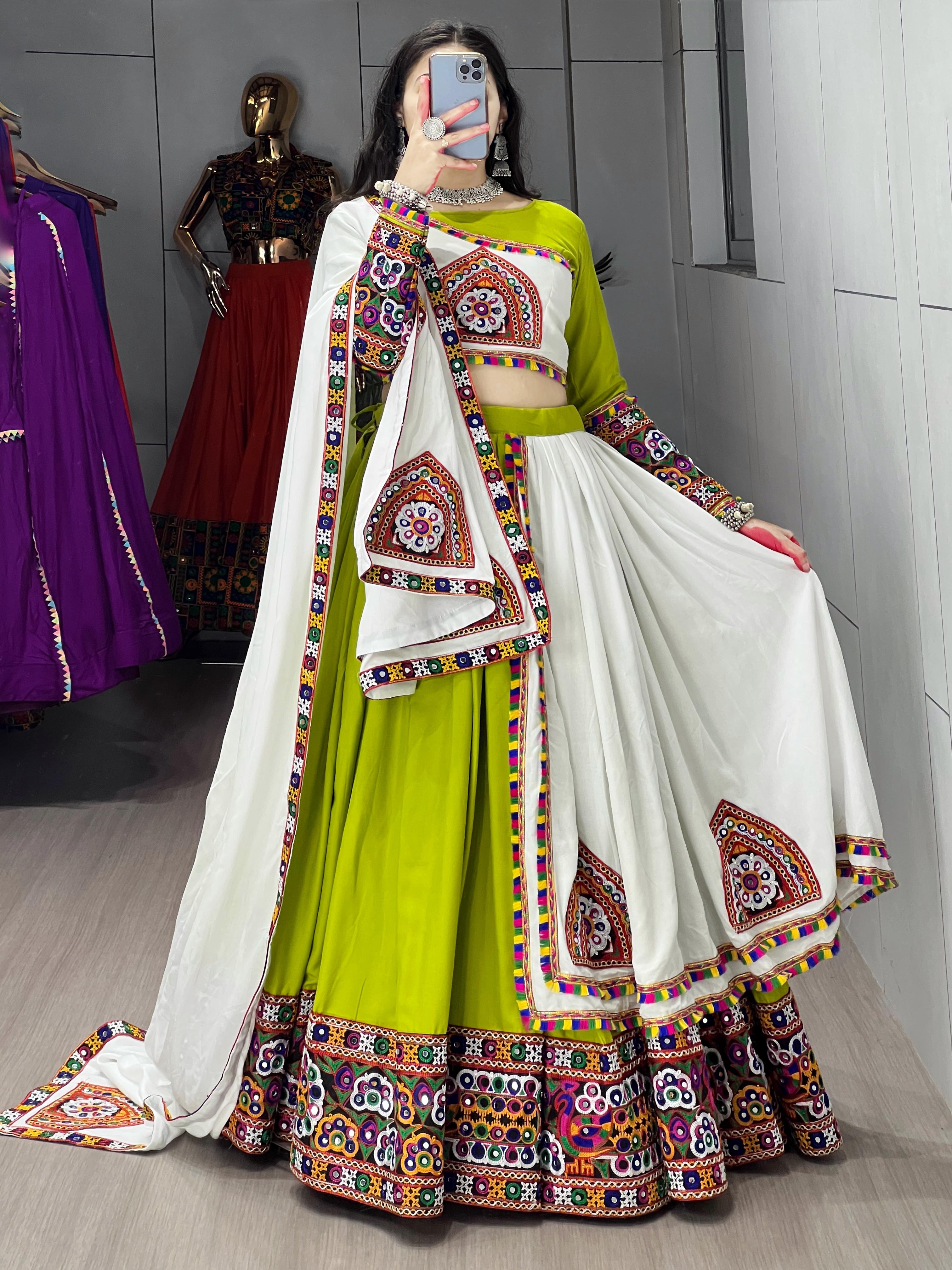 Womenline Parrot White Color Pure Rayon Cotton Navratri Lehenga Choli