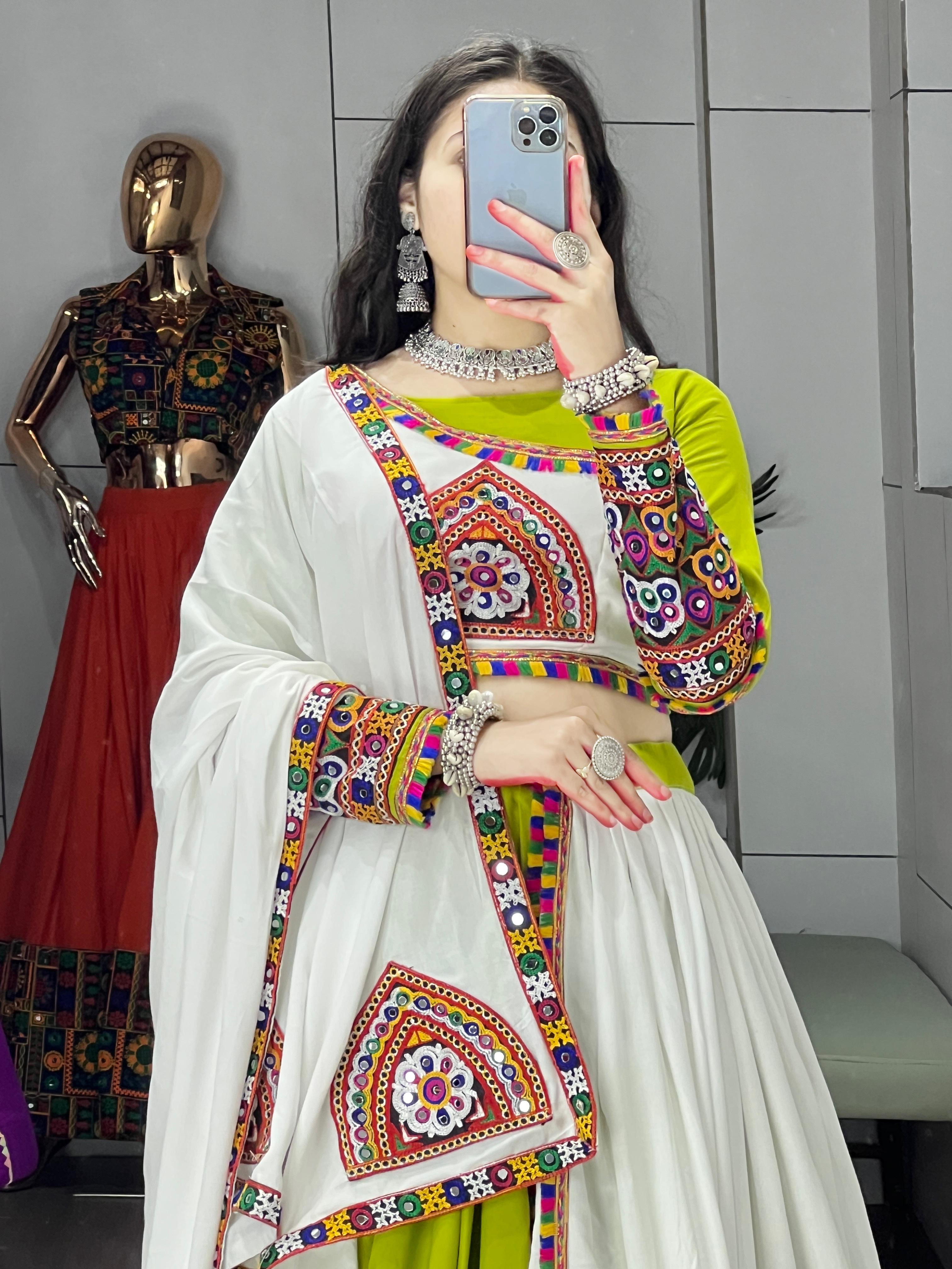 Womenline Parrot White Color Pure Rayon Cotton Navratri Lehenga Choli