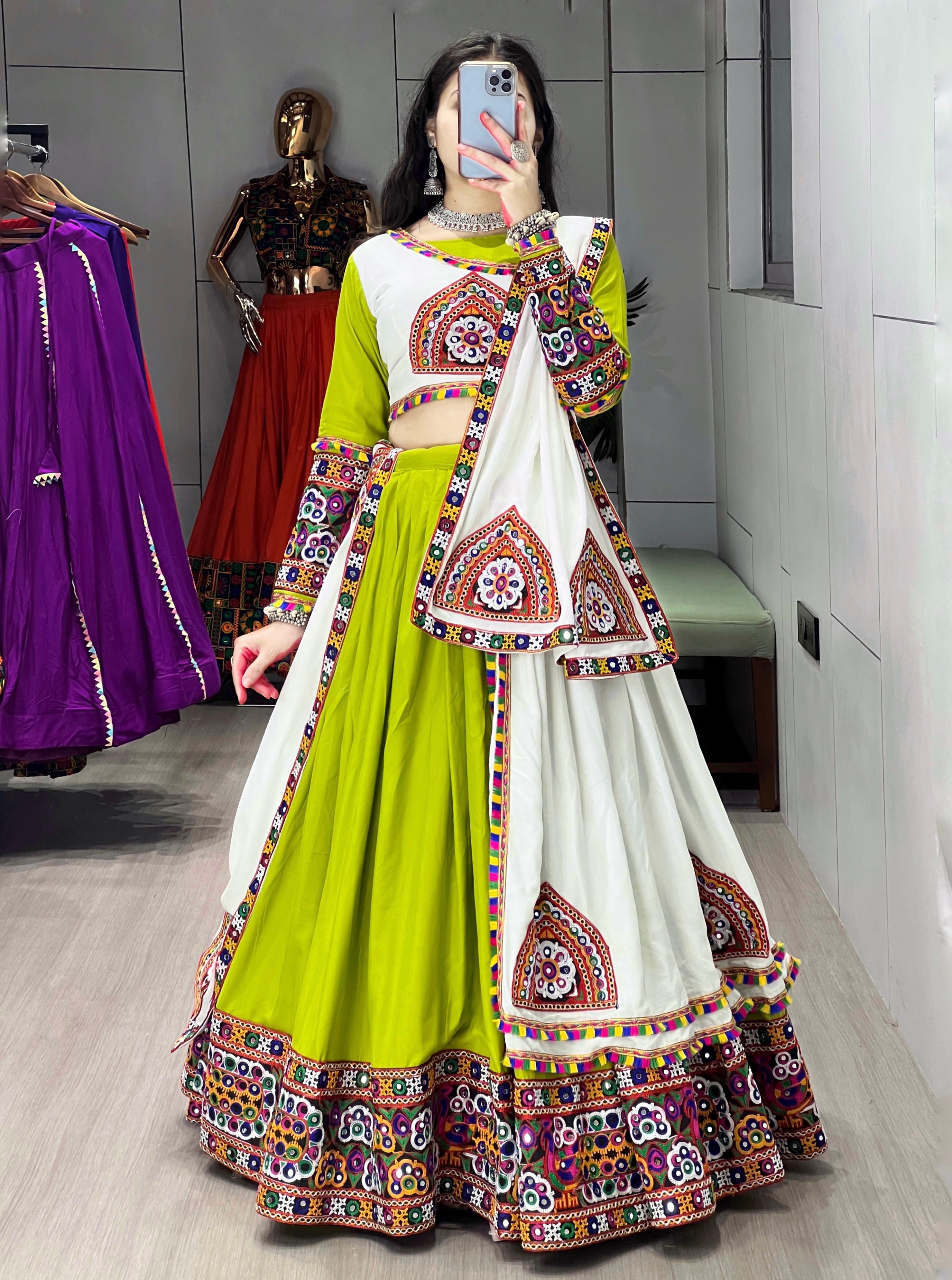 Womenline Parrot White Color Pure Rayon Cotton Navratri Lehenga Choli