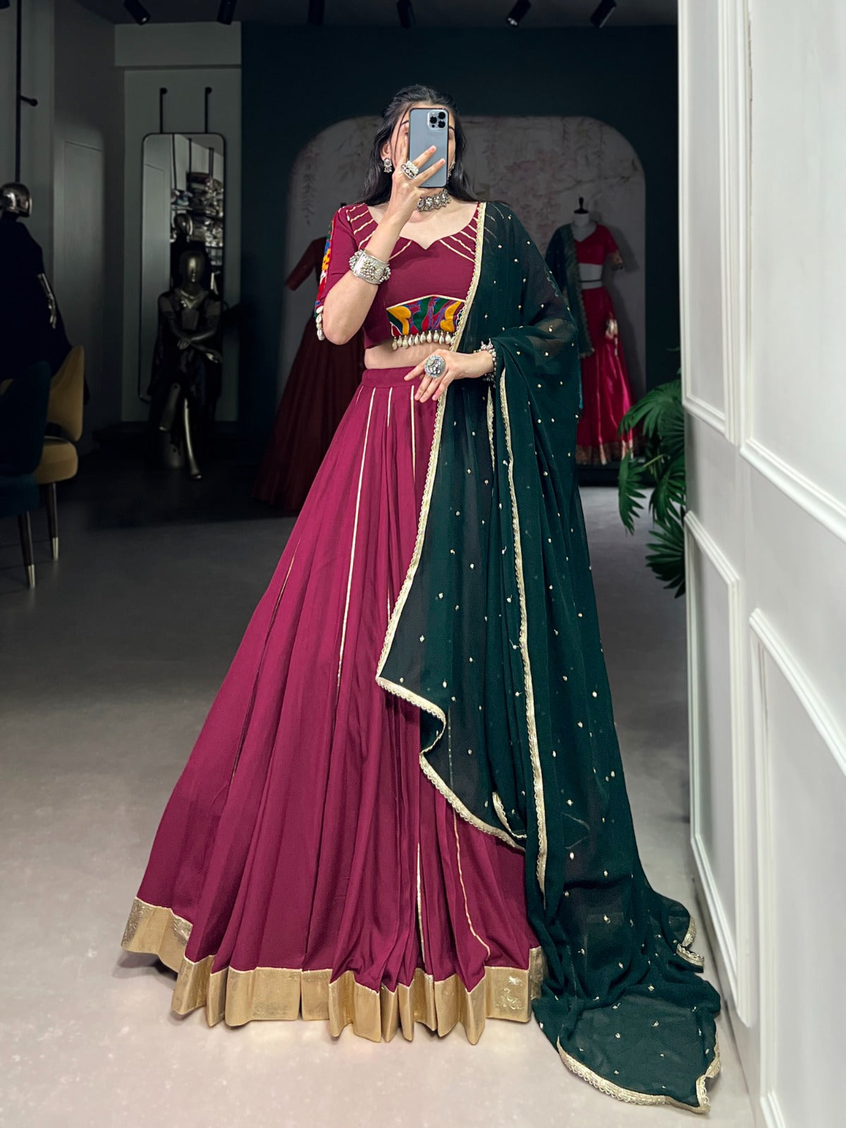 Womenline Plum Color Rayon Embossed Navratri Lehenga Choli