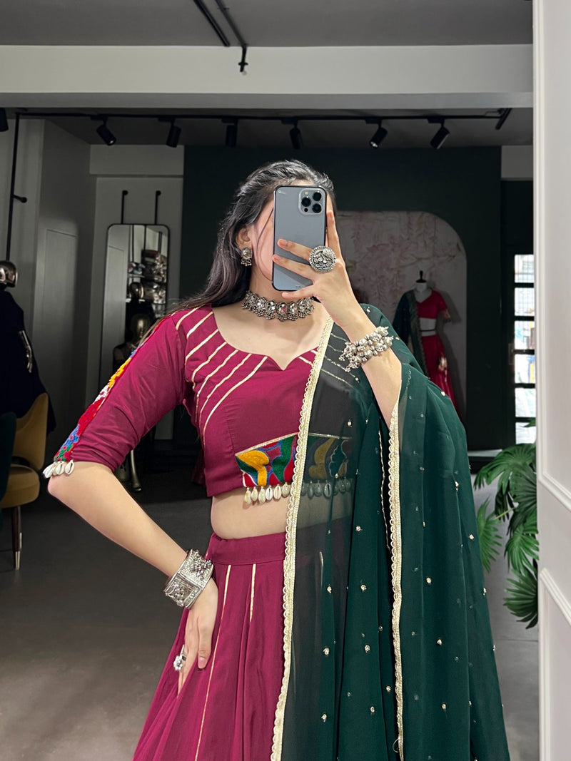 Womenline Plum Color Rayon Embossed Navratri Lehenga Choli