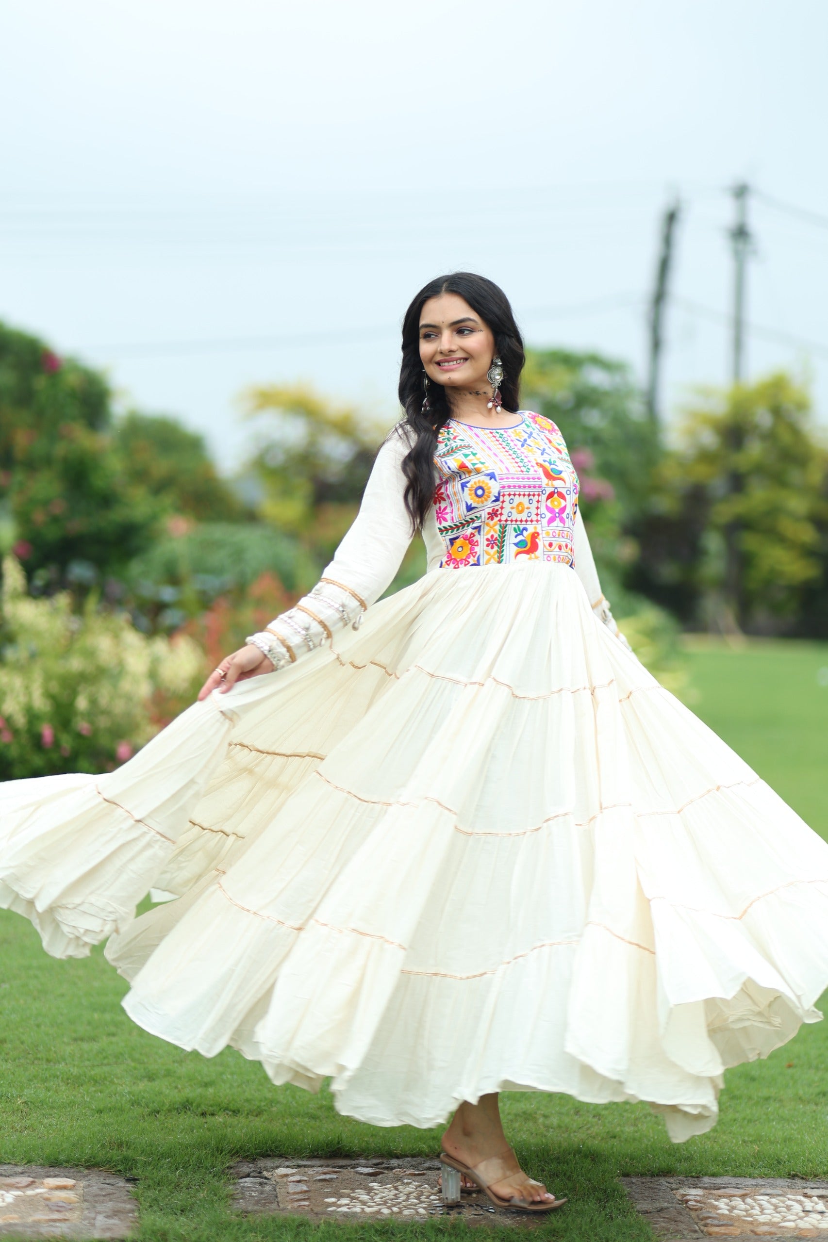 Off-White Color Kora Cotton multi Threaded Navratri Gown