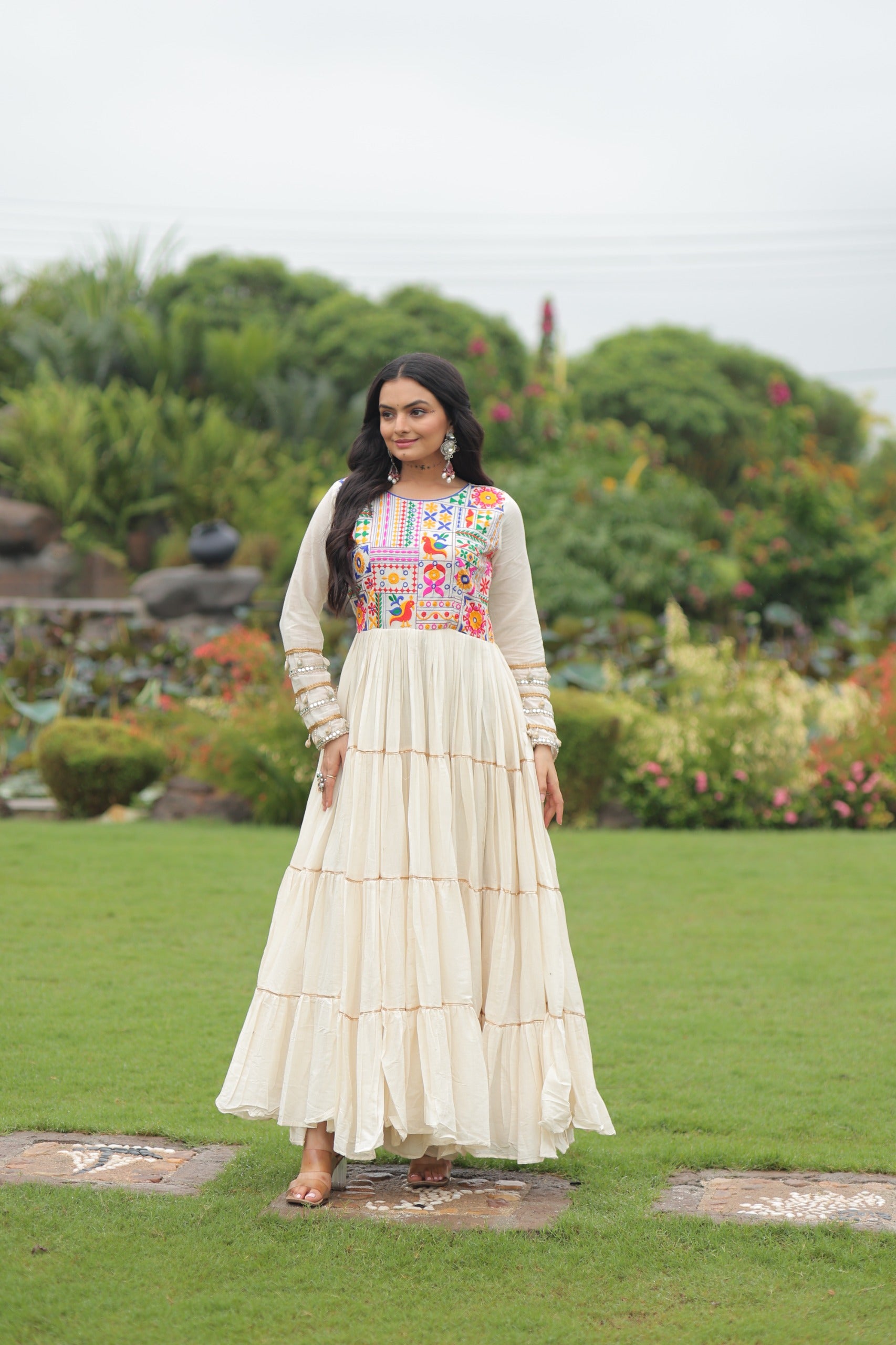 Off-White Color Kora Cotton multi Threaded Navratri Gown