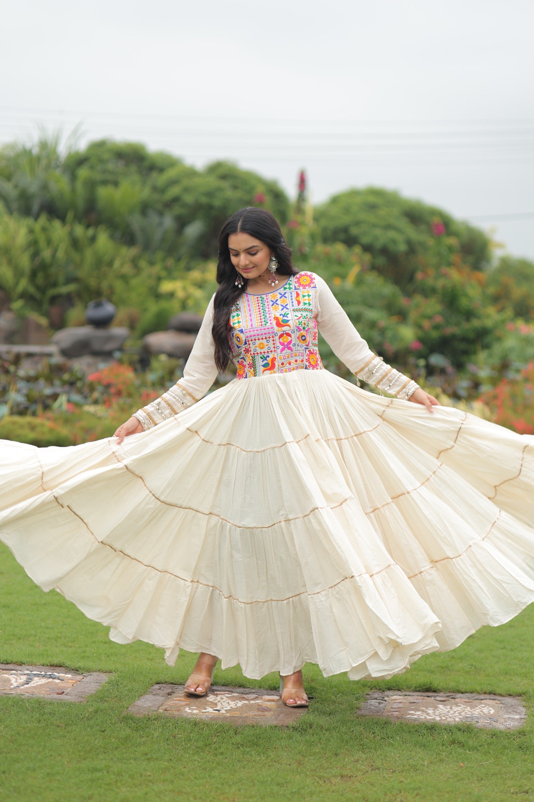 Off-White Color Kora Cotton multi Threaded Navratri Gown