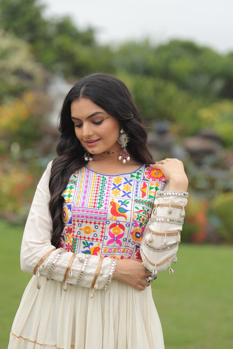 Off-White Color Kora Cotton multi Threaded Navratri Gown