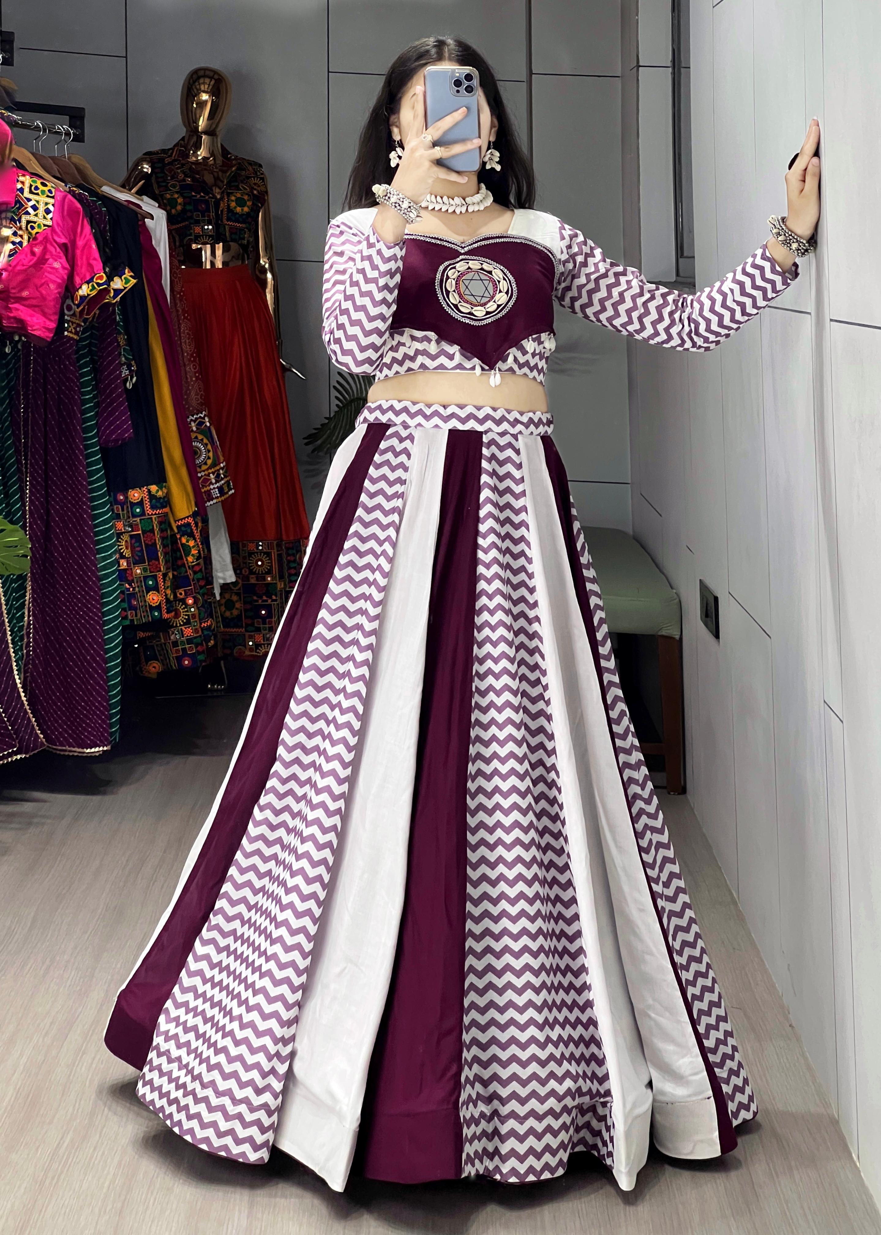 Womenline White Wine Color Pure Rayon Cotton Navratri Lehenga Choli