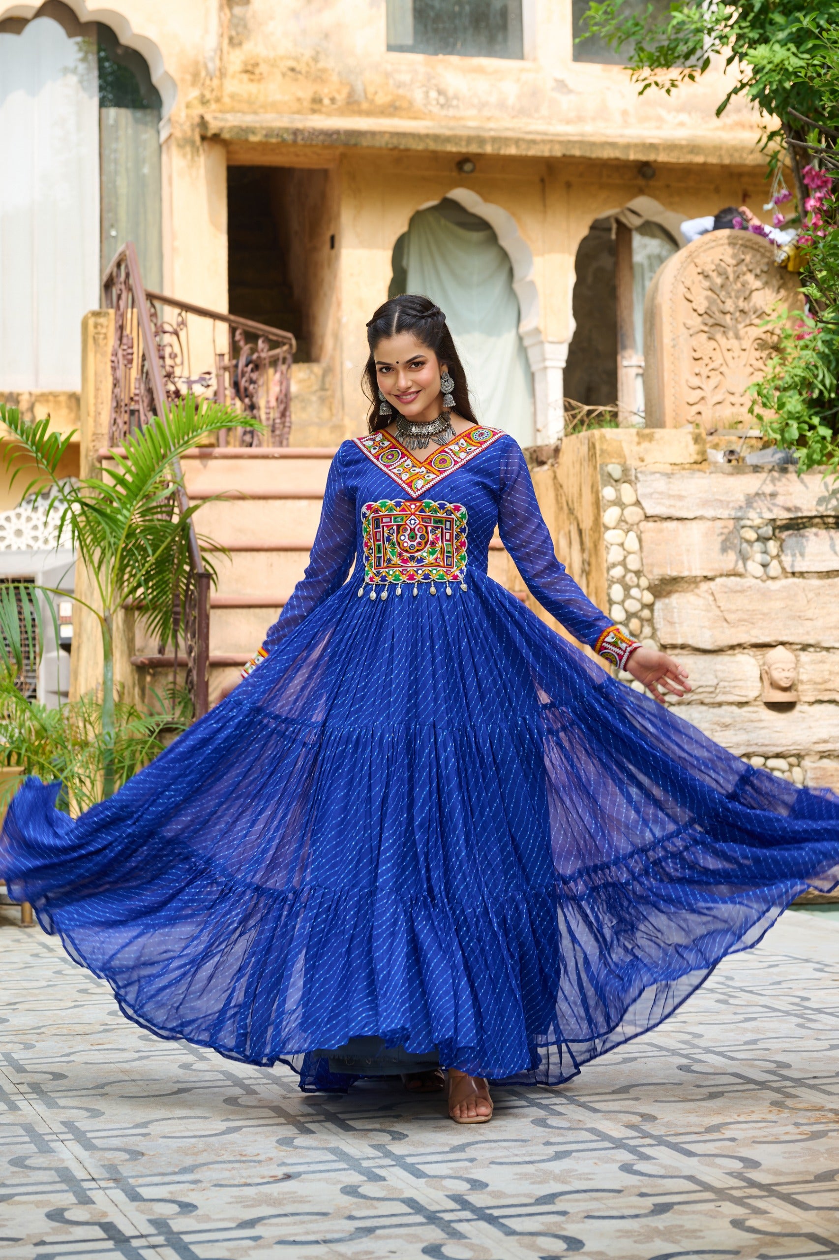 Womenline Vibrant Blue Kutchi Work Laheriya Printed Anarkali Gown