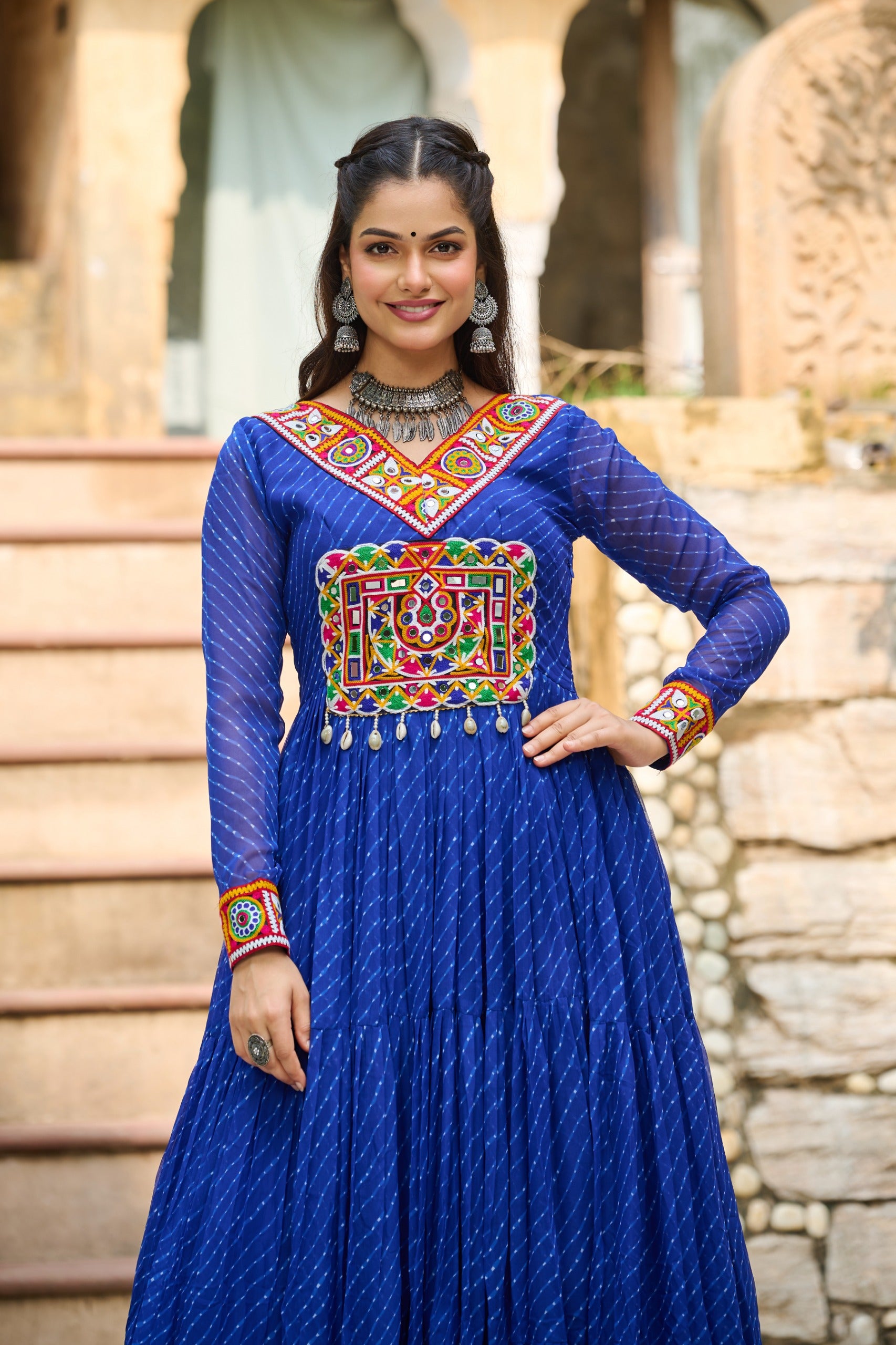 Womenline Vibrant Blue Kutchi Work Laheriya Printed Anarkali Gown