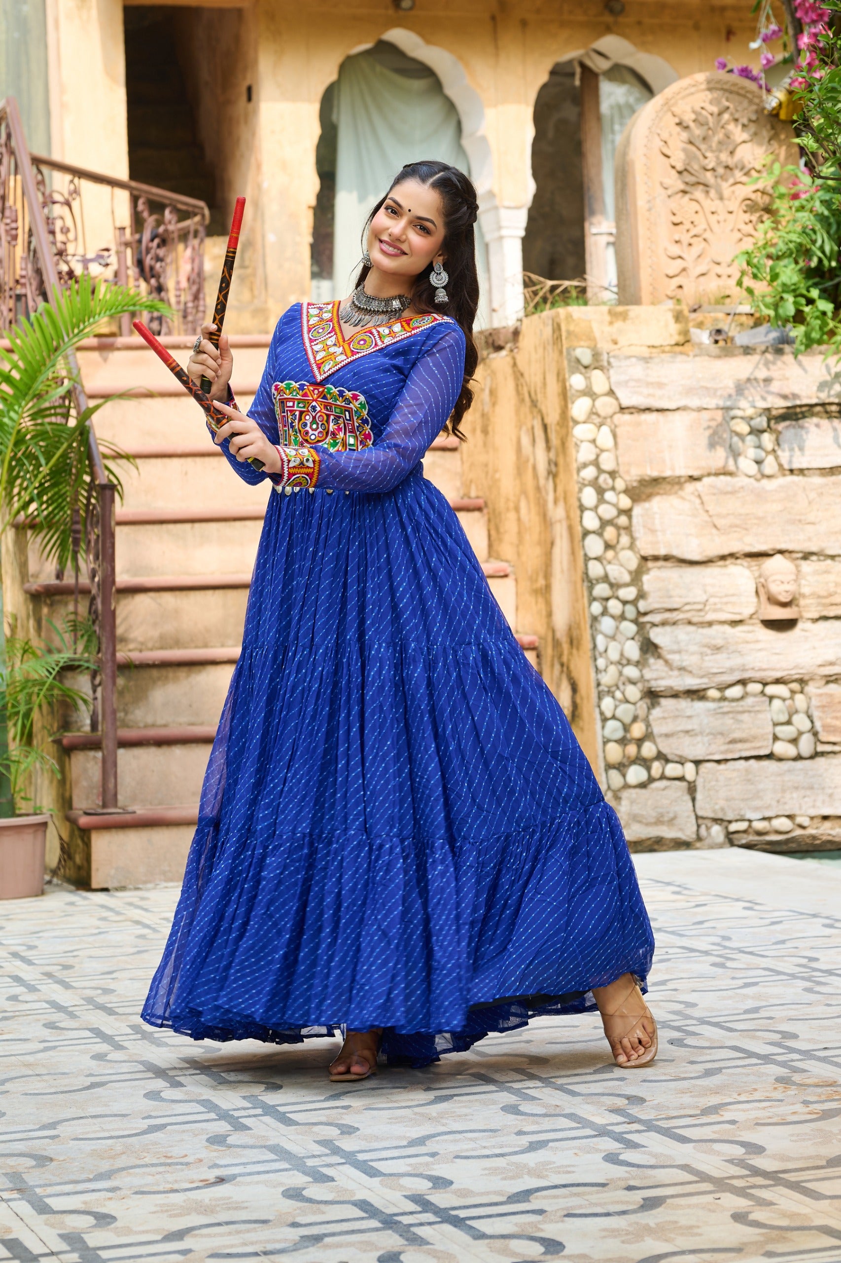 Womenline Vibrant Blue Kutchi Work Laheriya Printed Anarkali Gown