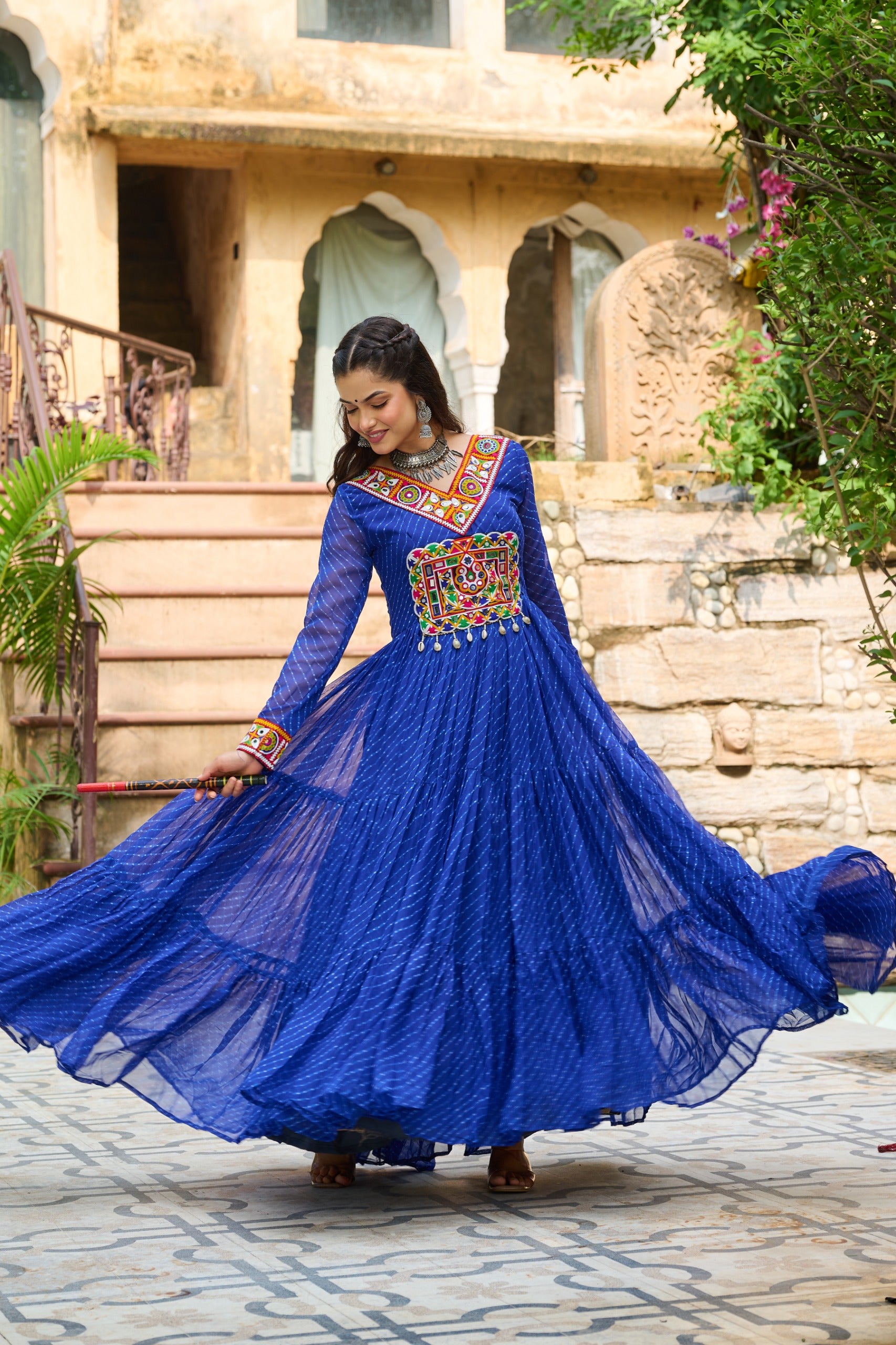 Womenline Vibrant Blue Kutchi Work Laheriya Printed Anarkali Gown