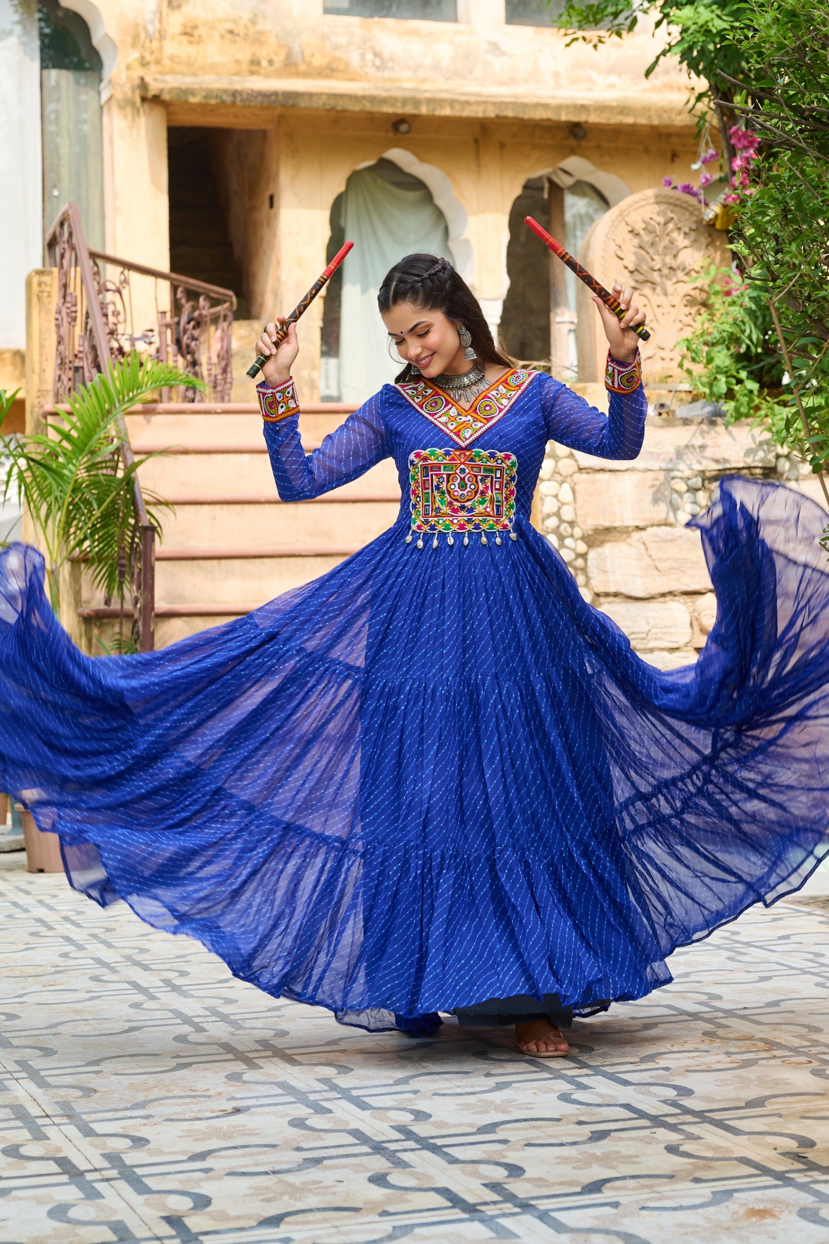 Womenline Vibrant Blue Kutchi Work Laheriya Printed Anarkali Gown