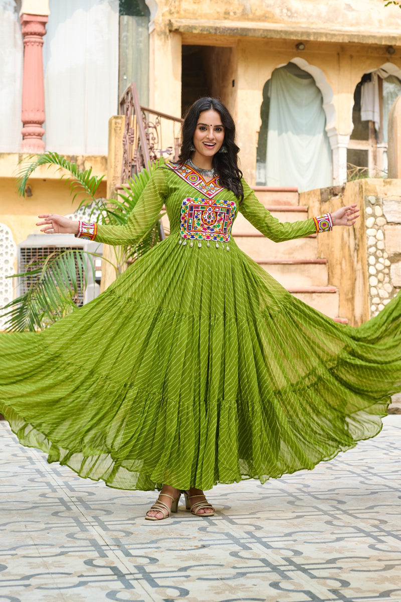 Vibrant Parrot Green Kutchi Work Laheriya Printed Anarkali Gown