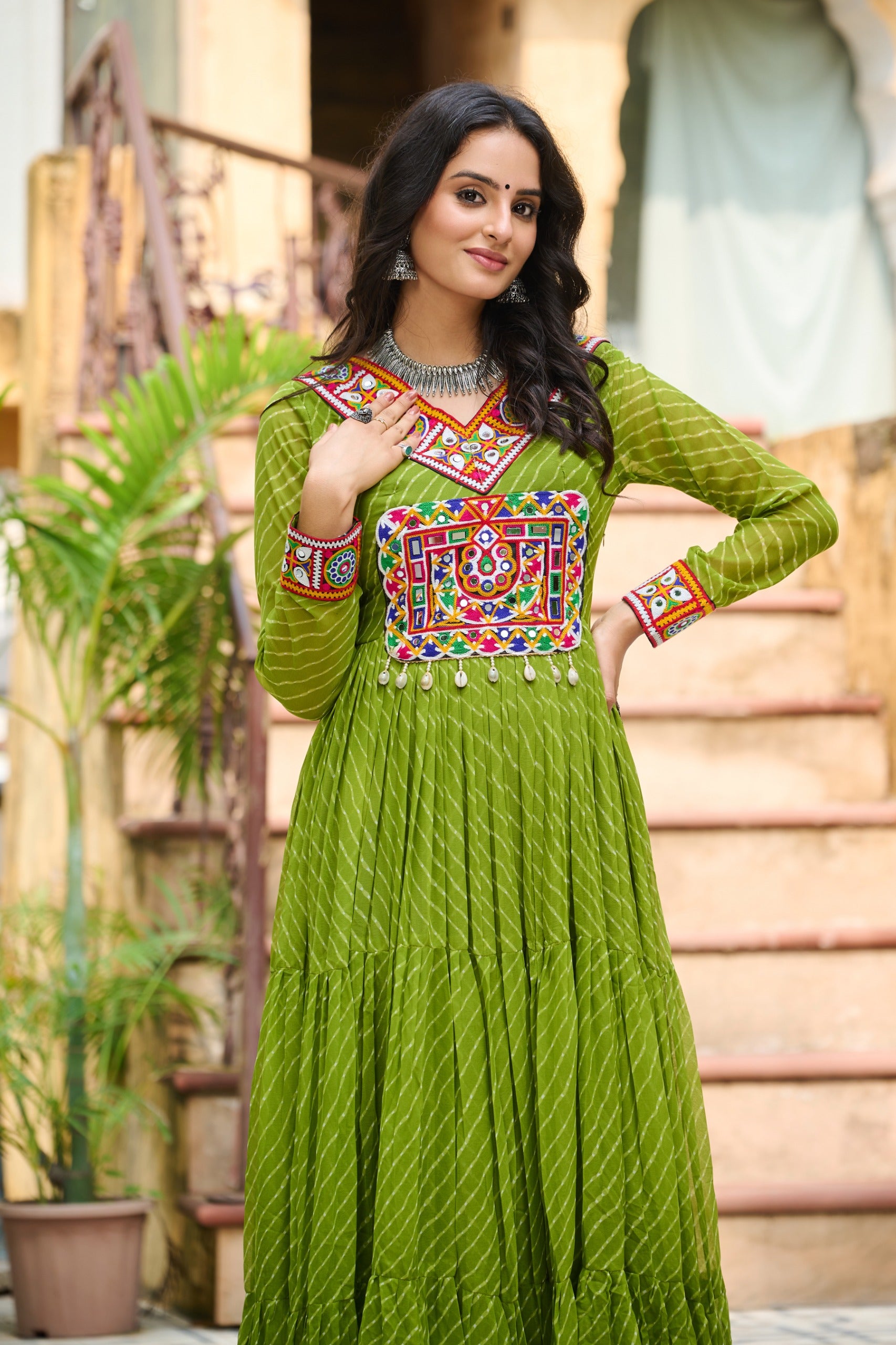 Vibrant Parrot Green Kutchi Work Laheriya Printed Anarkali Gown