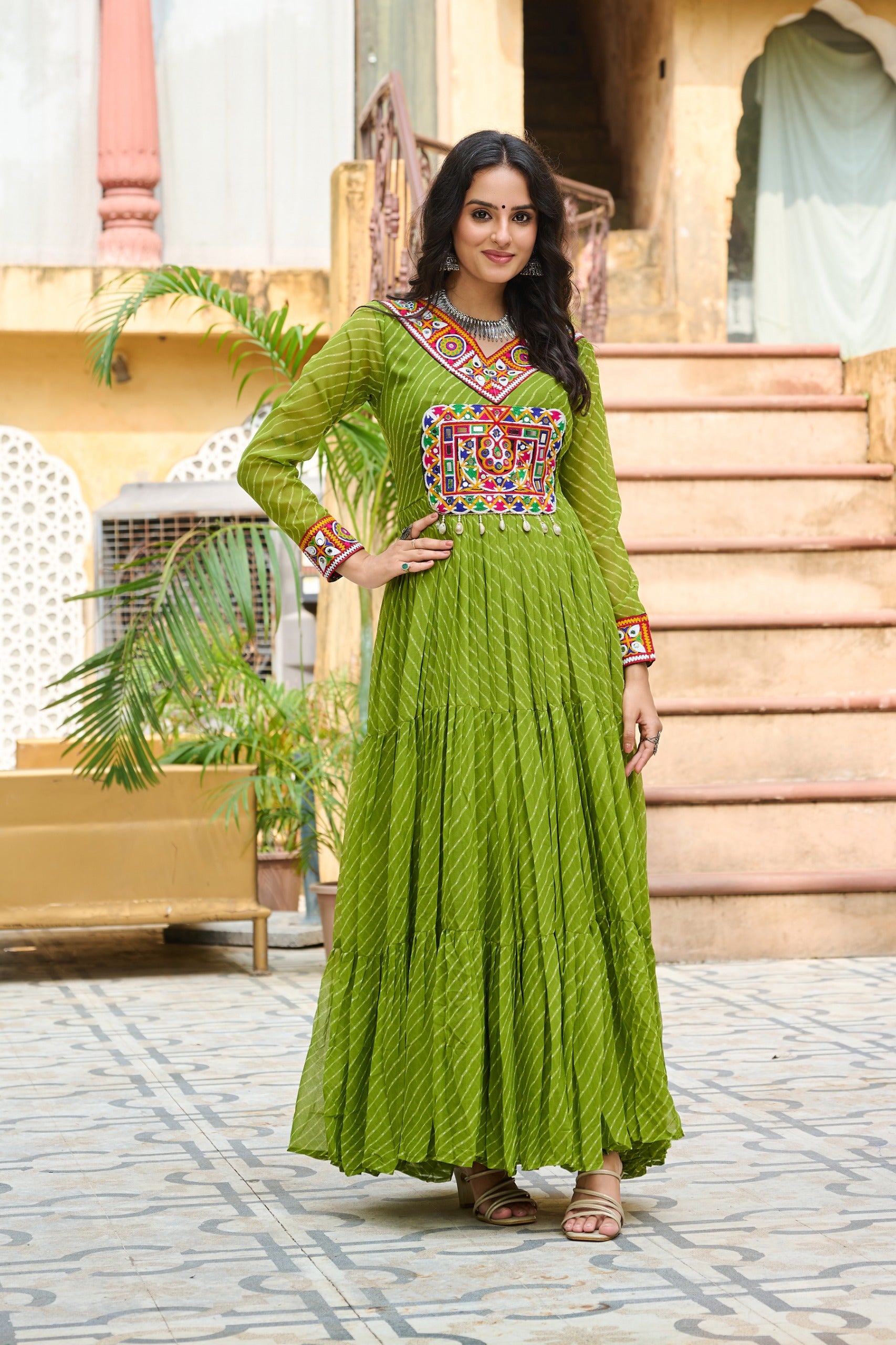 Vibrant Parrot Green Kutchi Work Laheriya Printed Anarkali Gown