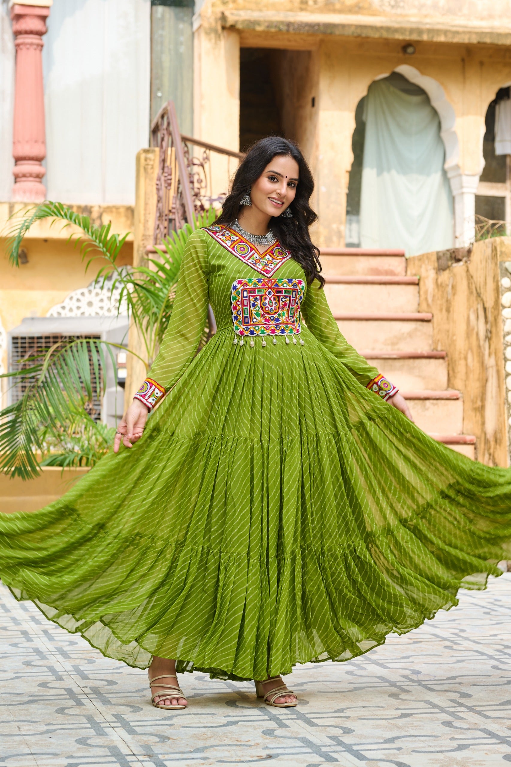 Vibrant Parrot Green Kutchi Work Laheriya Printed Anarkali Gown