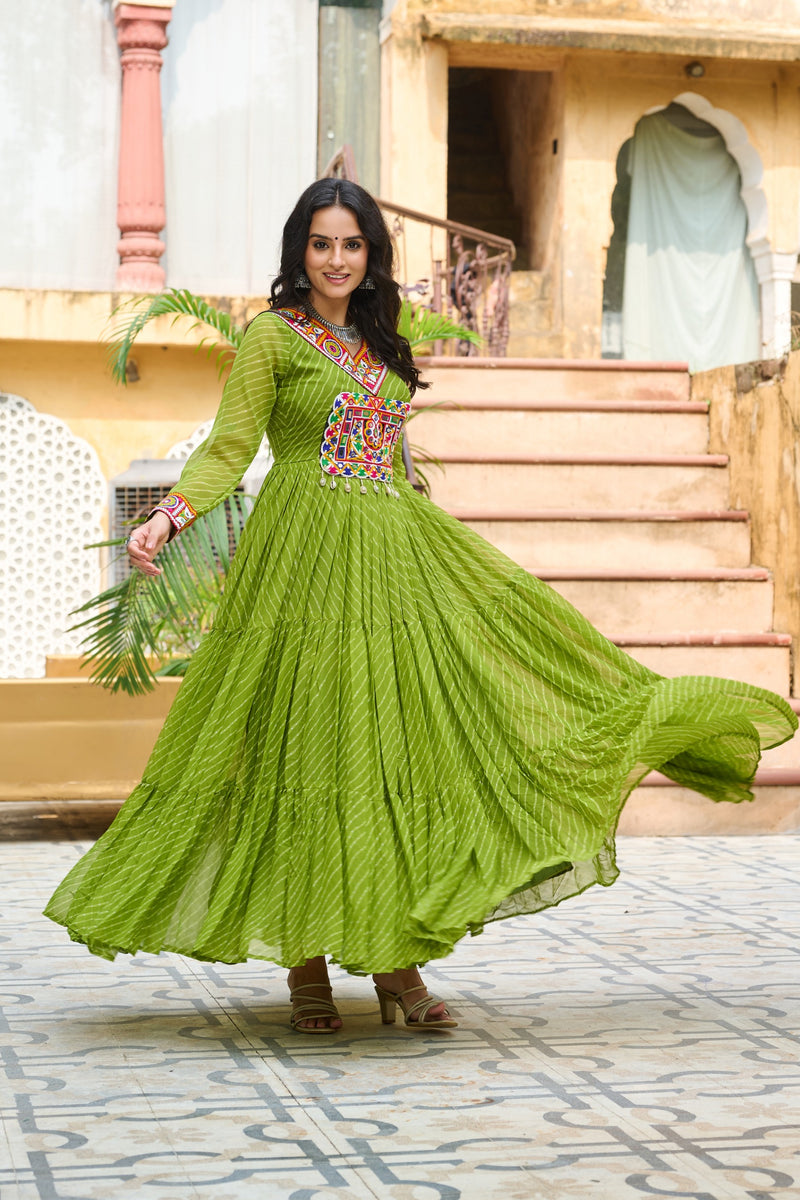 Vibrant Parrot Green Kutchi Work Laheriya Printed Anarkali Gown