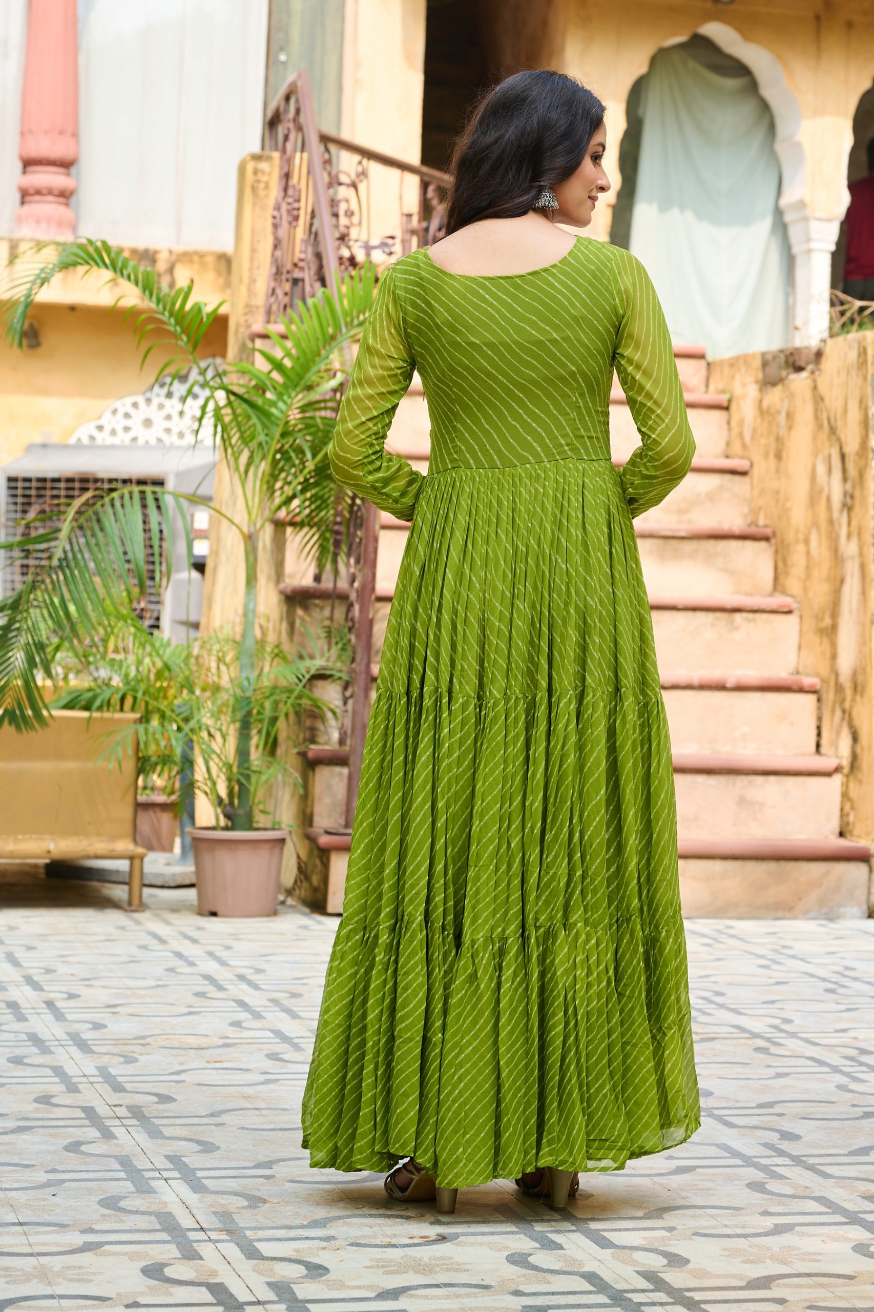 Vibrant Parrot Green Kutchi Work Laheriya Printed Anarkali Gown