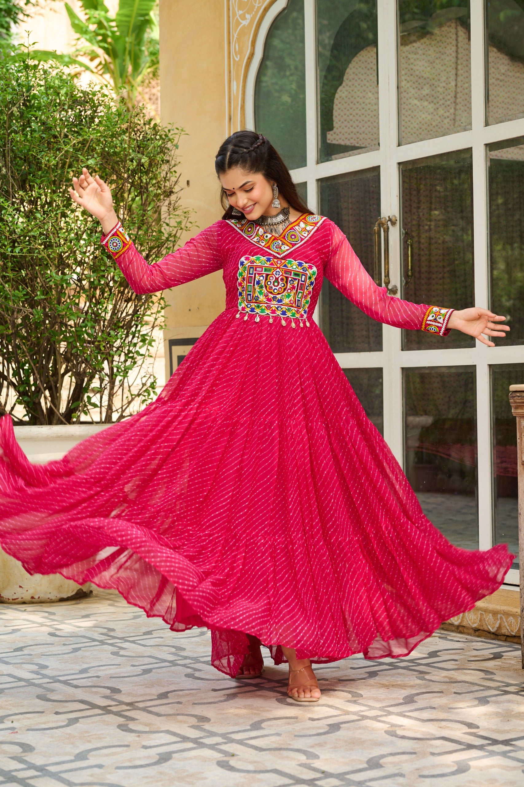 Womenline Vibrant Pink Kutchi Work Laheriya Printed Anarkali Gown
