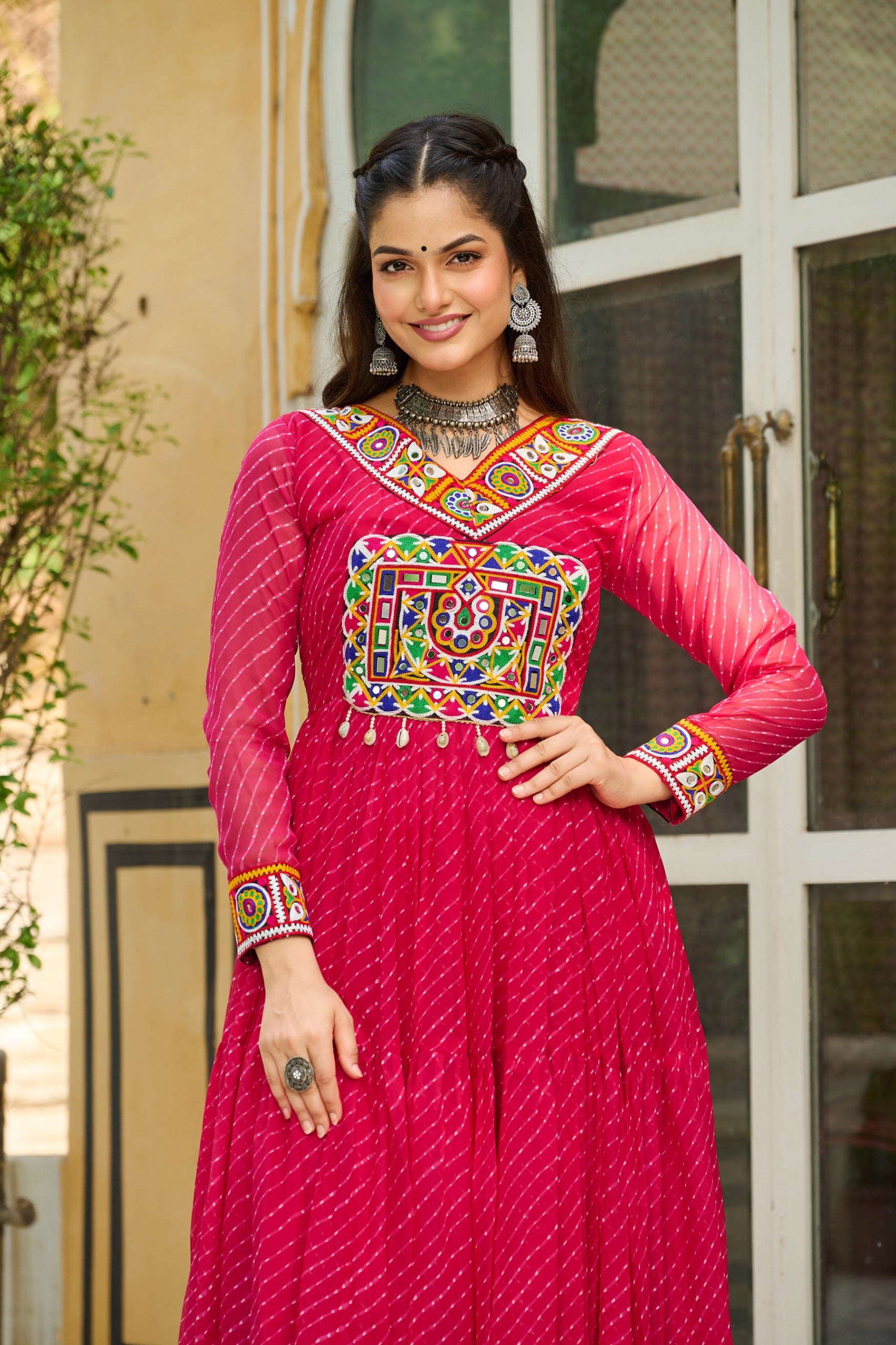 Womenline Vibrant Pink Kutchi Work Laheriya Printed Anarkali Gown