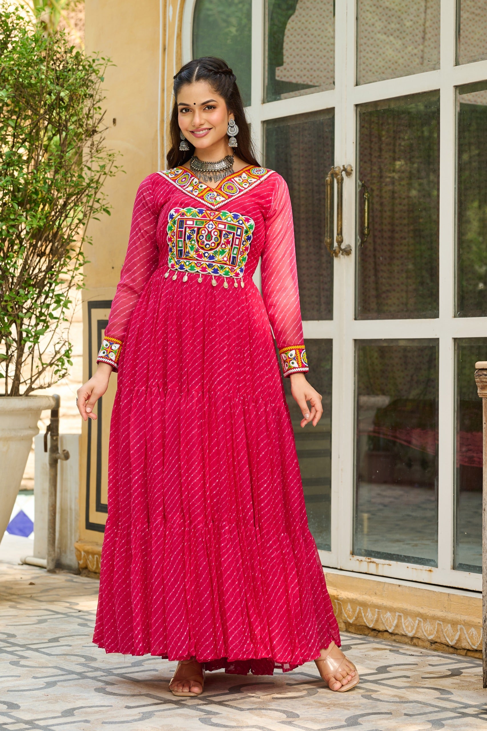 Womenline Vibrant Pink Kutchi Work Laheriya Printed Anarkali Gown