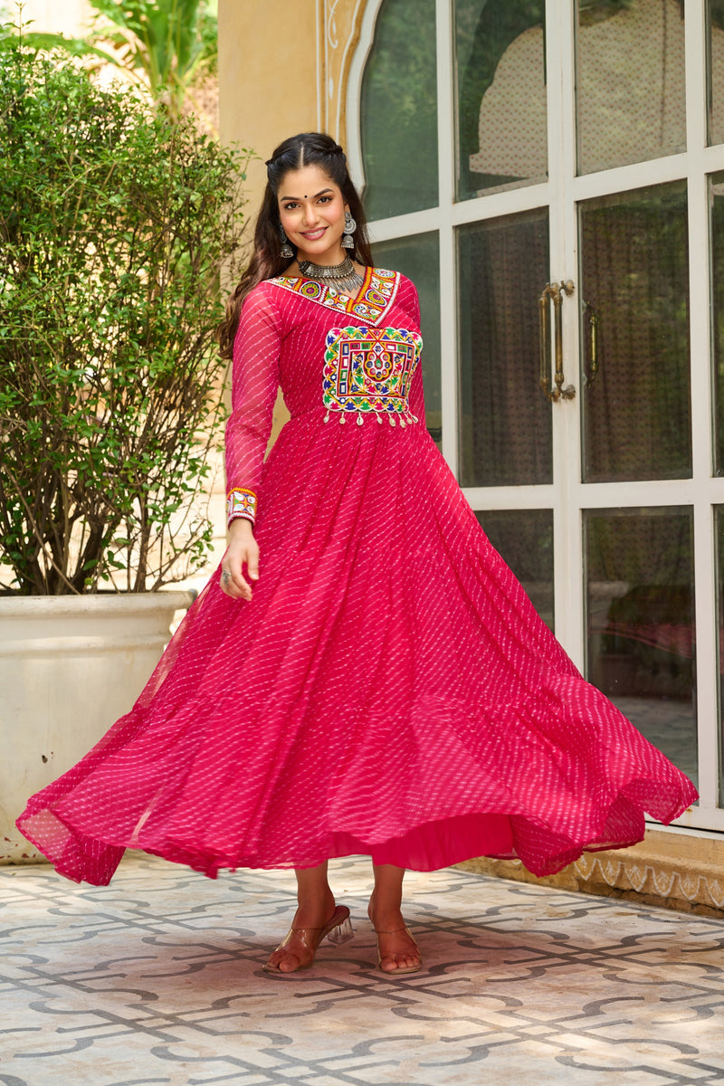 Womenline Vibrant Pink Kutchi Work Laheriya Printed Anarkali Gown