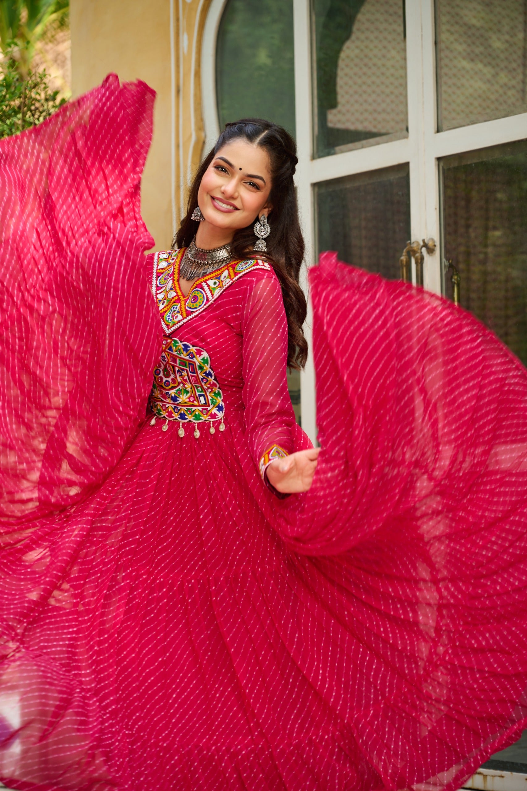 Womenline Vibrant Pink Kutchi Work Laheriya Printed Anarkali Gown