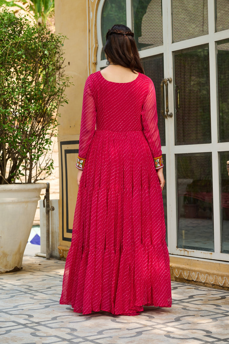 Womenline Vibrant Pink Kutchi Work Laheriya Printed Anarkali Gown