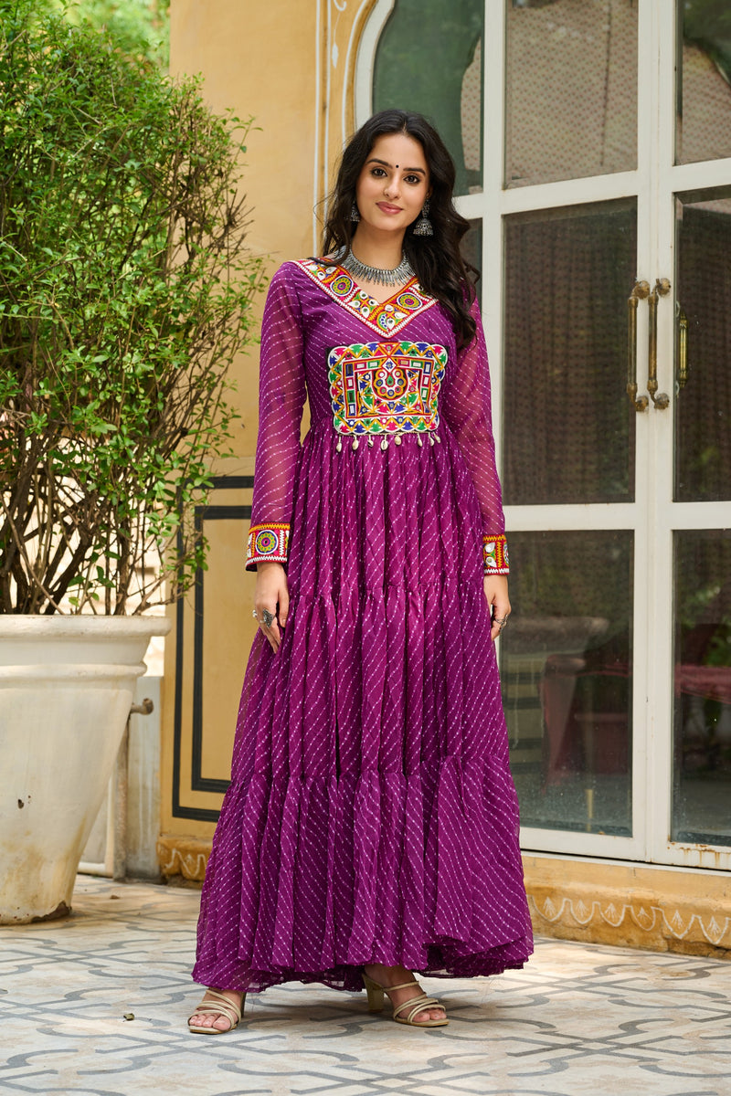 Womenline Vibrant WIne Kutchi Work Laheriya Printed Anarkali Gown