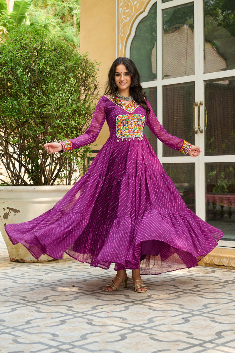 Womenline Vibrant WIne Kutchi Work Laheriya Printed Anarkali Gown
