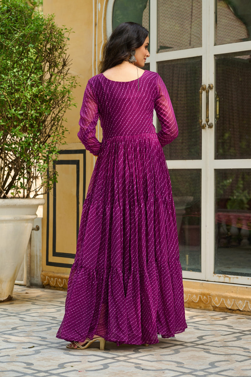 Womenline Vibrant WIne Kutchi Work Laheriya Printed Anarkali Gown